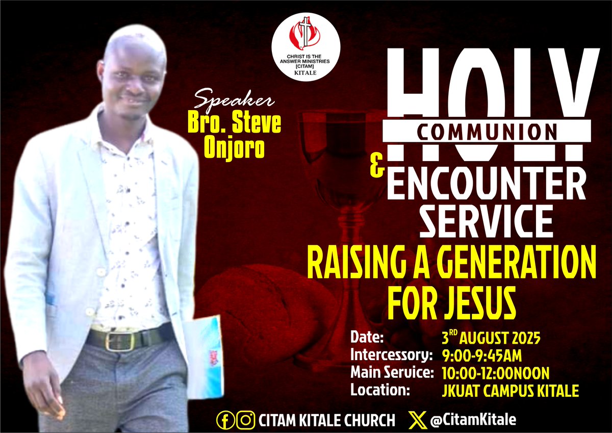 You’re invited to a Holy Communion &amp; Encounter Service themed "Raising a Generation for Jesus" with Bro. Steve Onjoro this Sunday! Come ready for a life-changing experience in God’s presence as we worship, partake of the Lord’s Table, and receive a timely word.