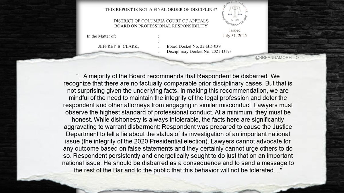 🚨LAWFARE ALERT🚨

The D.C. Bar's Board of Professional Responsibility has recommended disbarment for Jeff Clark (<a href="/JeffClarkUS/">Jeff Clark</a>). 

Clark currently leads the regulatory review at OMB.

Jeff Clark is a patriot who stood up against the people stealing the 2020 election at the DOJ.