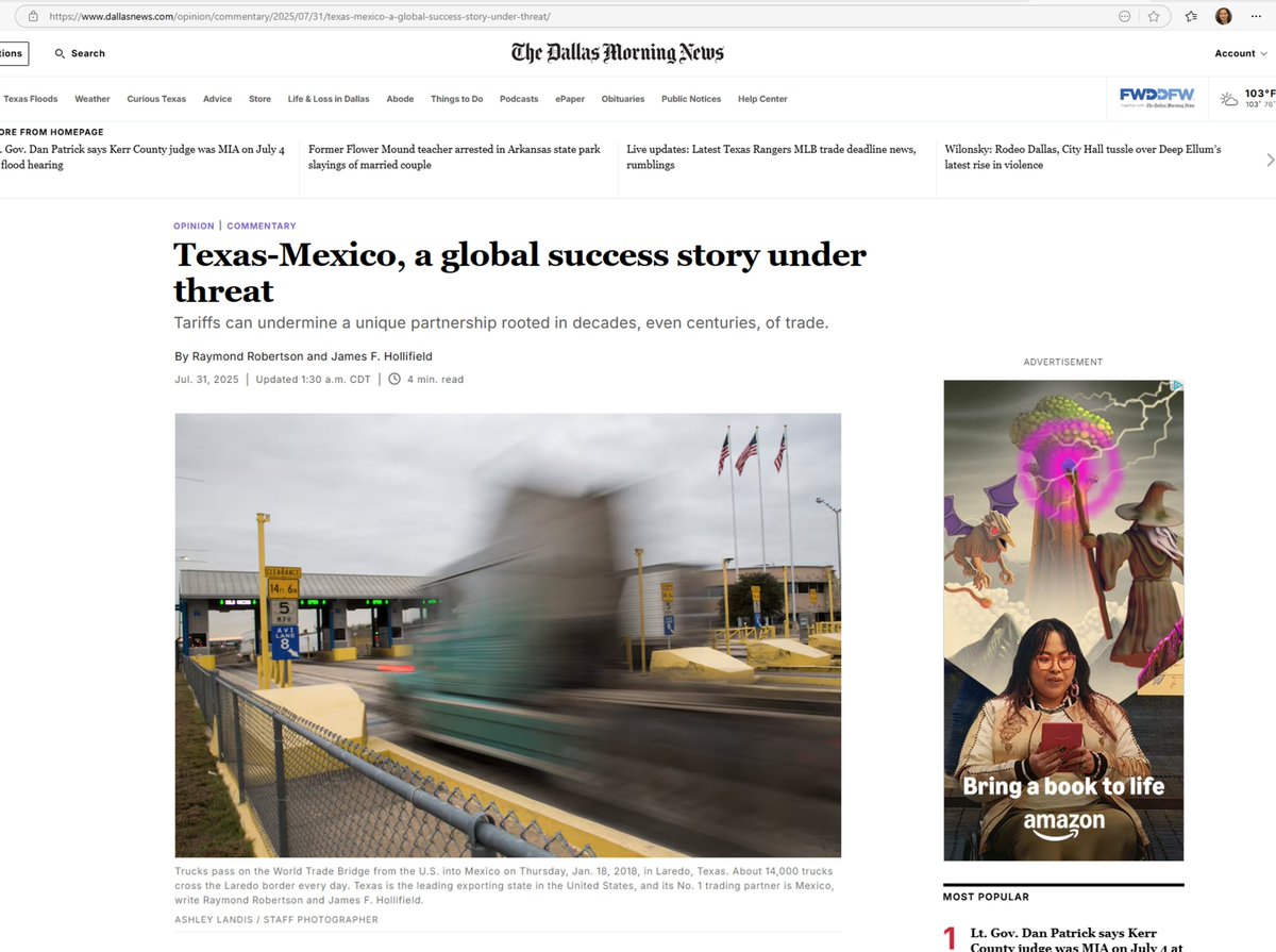 We are excited to share this timely Op-ed published today <a href="/dallasnews/">Dallas Morning News</a>. Written by Senior Fellow Raymond Robertson and Director Jim Hollifield. #tariffs reader.dallasnews.com/infinity/artic…