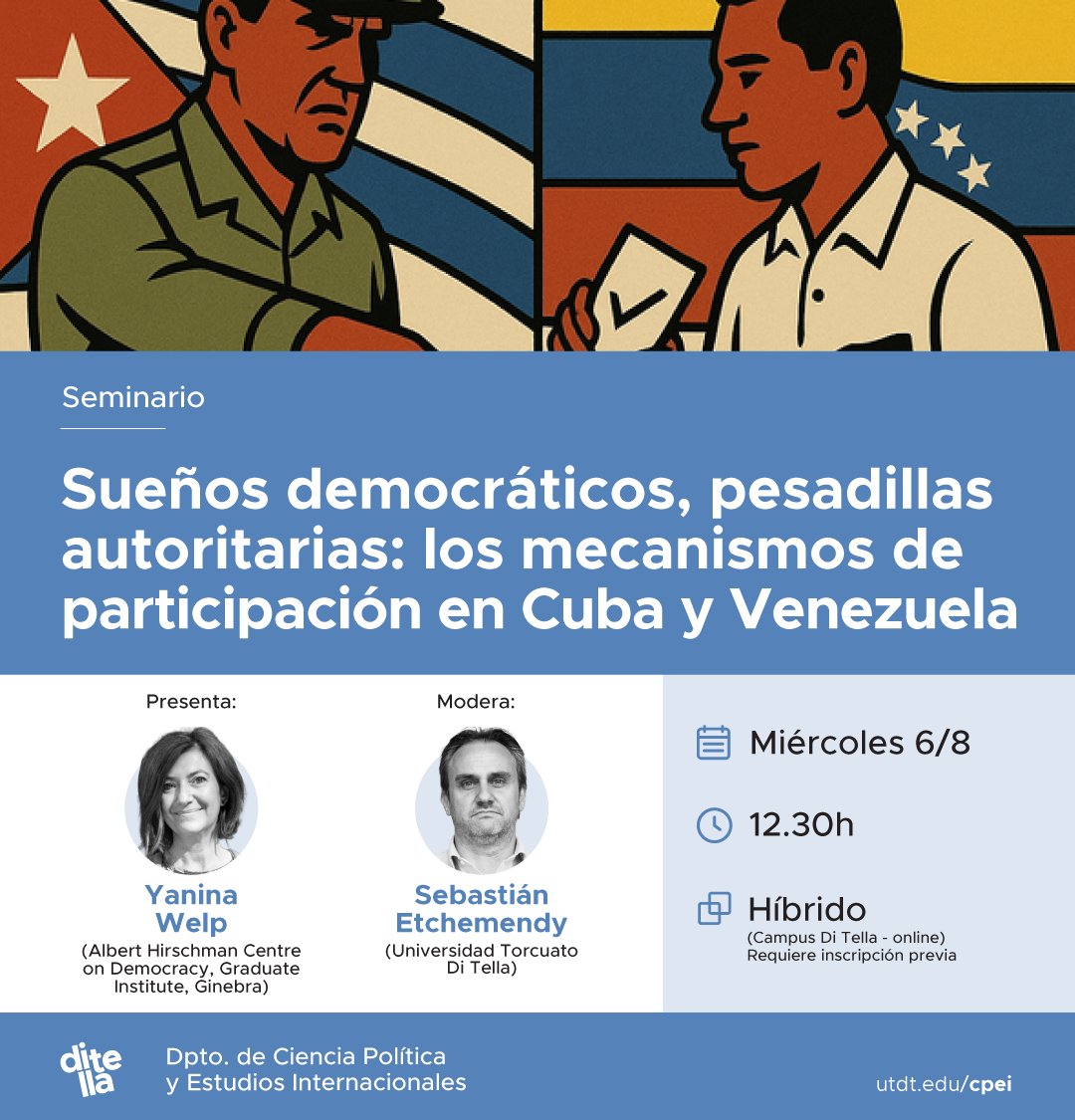Universidad Torcuato Di Tella (@utditella) on Twitter photo ¿Qué papel cumple la participación ciudadana en los regímenes autoritarios?
En este seminario se analizará cómo estos sistemas activan mecanismos participativos no sólo para legitimarse, sino también como herramientas de control y gestión.
🗣️ Presenta: <a href="/Welpita/">Yanina Welp</a>
🎙️ Modera: ¿Qué papel cumple la participación ciudadana en los regímenes autoritarios?
En este seminario se analizará cómo estos sistemas activan mecanismos participativos no sólo para legitimarse, sino también como herramientas de control y gestión.
🗣️ Presenta: <a href="/Welpita/">Yanina Welp</a>
🎙️ Modera: