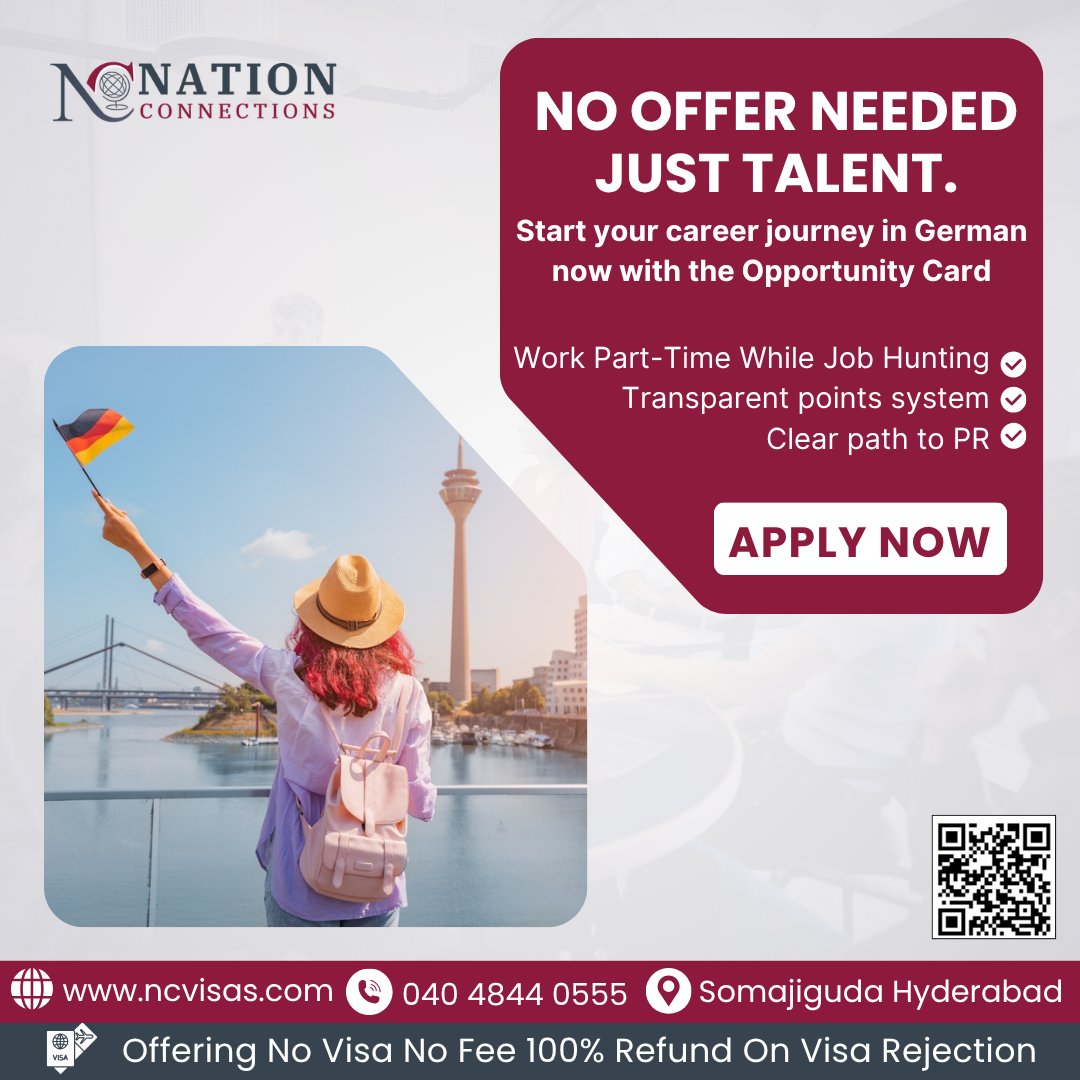 ncvisa's tweet image. 🎯 No Job Offer? No Problem. Just Bring Your Talent!
Dreaming of a career in Germany? 🌍 Start your journey with the Opportunity Card – your gateway to working, living, and thriving in Germany 🇩🇪✨
📞 Contact Us: 040 4844 0555
🌐 Website: ncvisas.com
#MoveToGermany