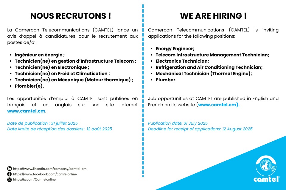 🔎 🔎 𝙉𝙤𝙪𝙨 𝙧𝙚𝙘𝙧𝙪𝙩𝙤𝙣𝙨!👩🏽‍🔧👨🏽‍🔬
Consultez les avis d'appel à candidatures ici 👉🏼 camtel.cm/?page_id=806#1…
 
---------------------
🔎 𝙒𝙚 𝙖𝙧𝙚 𝙝𝙞𝙧𝙞𝙣𝙜!👨🏽‍🔧👩🏽‍🔬
Consult the calls for applications here 👉🏼camtel.cm/?page_id=806#1…

#camtel