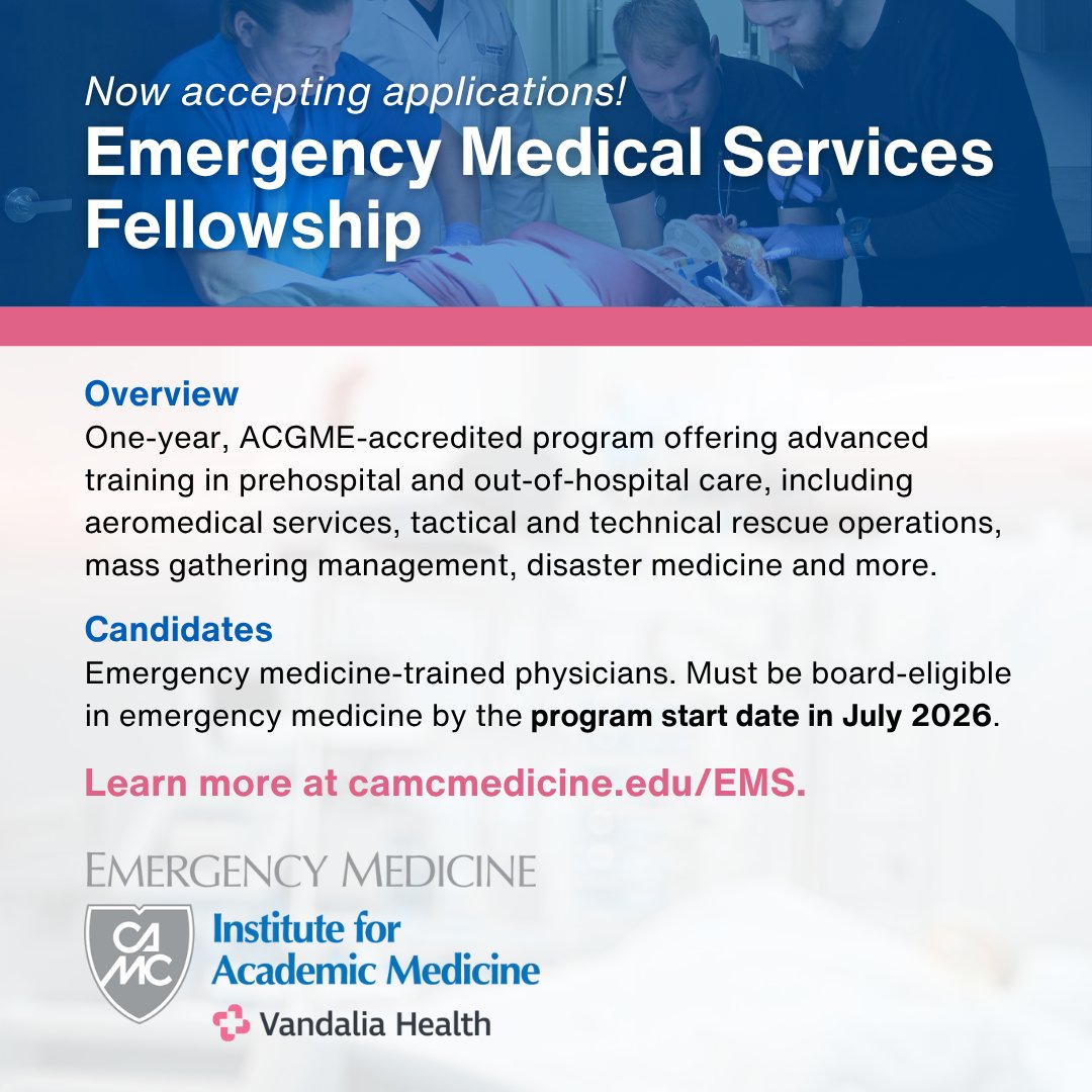 The CAMC Institute for Academic Medicine is accepting applications for the Vandalia Health CAMC Emergency Medical Services Fellowship. Two fellows will be selected for the 2026 - 2027 academic year.

To learn more about the program and how to apply, visit bit.ly/3IJvsSg.