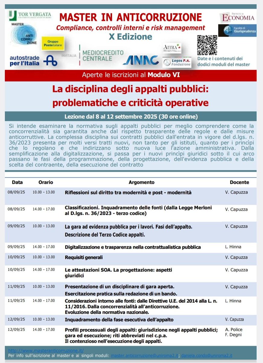 Al via dall'8 al 12 settembre il Modulo VI del <a href="/MAnticorruzione/">MasterAnticorruzione</a>  X Edizione: "La disciplina degli appalti pubblici: problematiche e criticità operative". Per info: Avv. Daniela Condò - daniela.condo@uniroma2.it <a href="/EconomiaTorVerg/">Economia Tor Vergata</a>