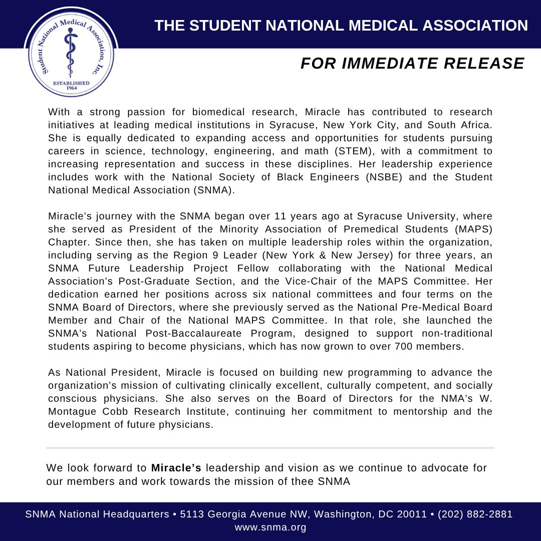 SNMA's tweet image. 🚨BREAKING: Miracle Rogers, M.S. has been elected National President of the SNMA 2025–2026 Board! 

As President, she’ll lead SNMA’s mission to uplift URM students and champion health equity nationwide. 

#SNMA #MedicalLeadership #DiversityInMedicine #SNMAExcellence