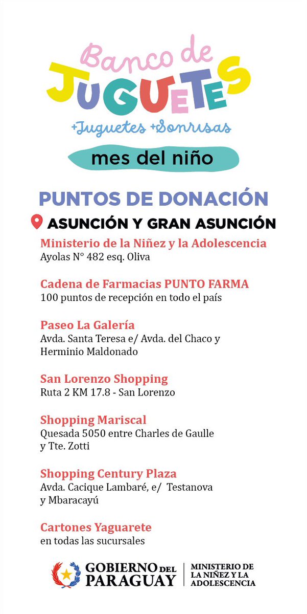 #BancoDeJuguetes 🧸 Edición Día del Niño 

Sumate y doná un juguete nuevo o usado en cualquiera de estos puntos de recepción 👉🏼👉🏼
🔎Encontrá el punto de donación más cercano y ayudanos a tener ➕ JUGUETES ➕ SONRISAS 

#GobiernoDelParaguay 🇵🇾