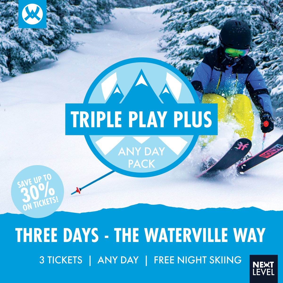🎉 Introducing the Triple Play Packs! 🎉

Ski 3 days anytime with the Triple Play Plus for just $259, or midweek with the Triple Play Value for only $179. Perfect for those impromptu powder laps, mental health days, or family outings!

Snag yours now: shop2.waterville.com