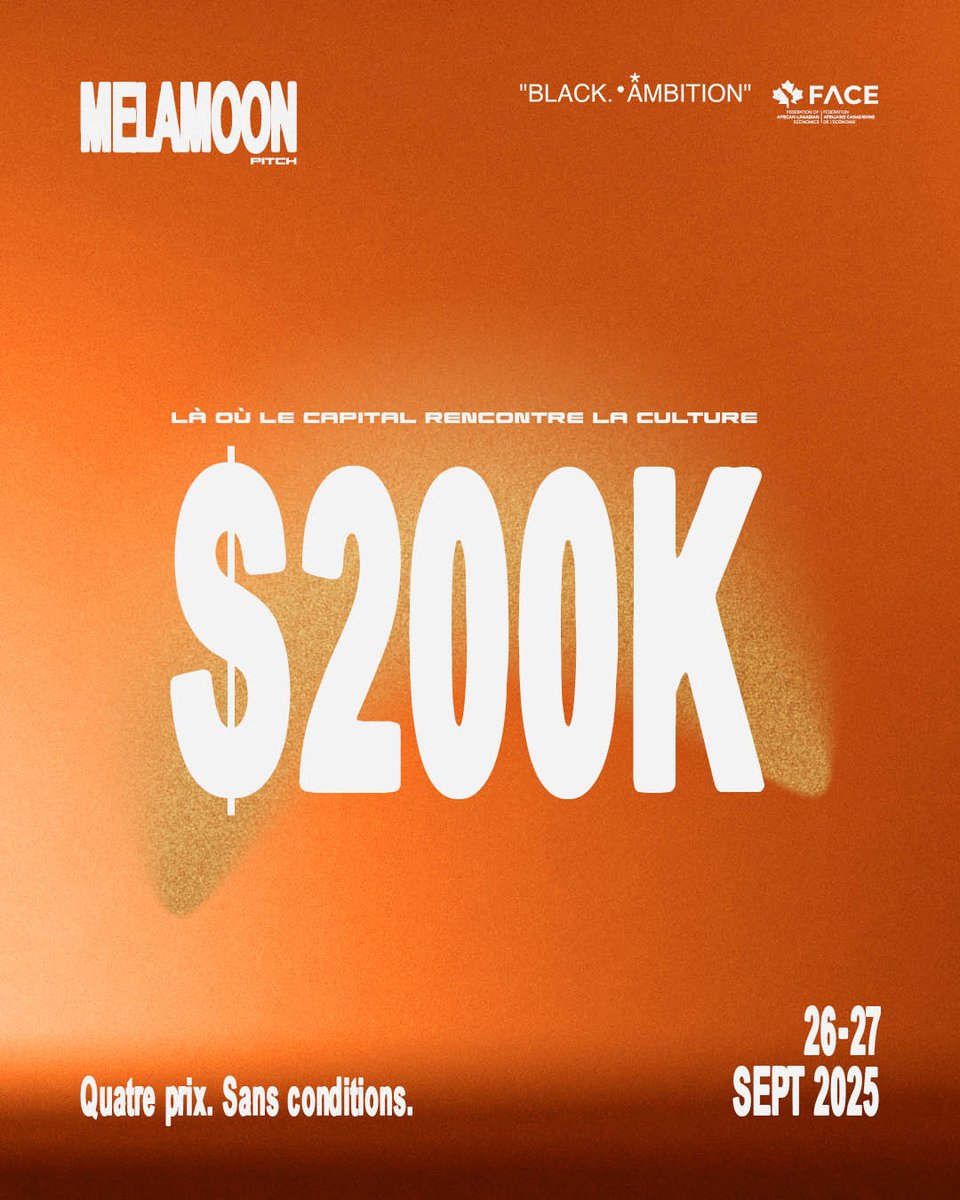 Calling all Black founders in CANADA: Your moment is here!

Melamoon is where Black founders scale with capital, culture, and community.

$200K across 4 prizes.

No strings. Just support.

Are you next? Apply by August 15 → bit.ly/41kRu47
