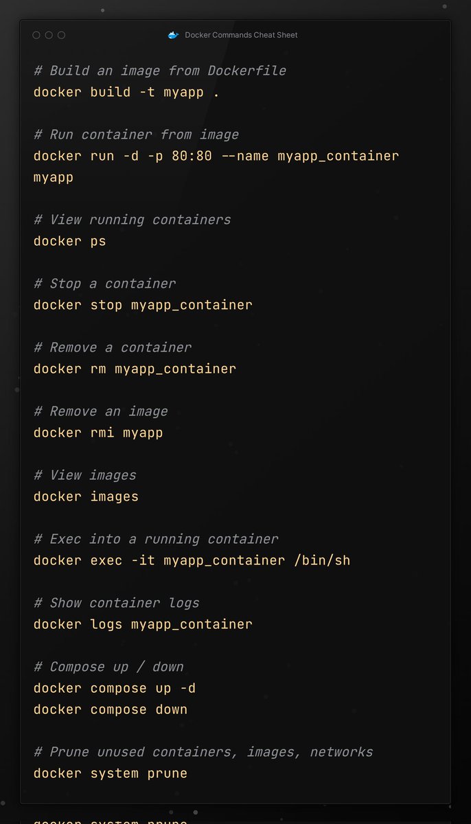 nilotpaul_n's tweet image. Docker Cheatsheet for the Noobs

These Docker commands cover 90% of what you actually use daily. Bookmark this and no more Googling the basics