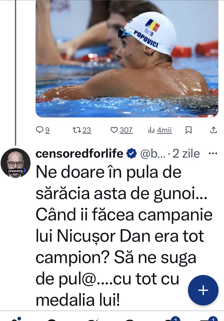 S.P. 🇷🇴 (@petrescusandu) on Twitter photo David Popovici nu e destul de “patriot”deoarece nu face propagandă muscălească pe net, nu arată ca un ardei umplut care halește ca spartul și nici nu cerșește bani de la fraieri, asta pot să înțeleg, dar de unde fanteziile ghei pe care <a href="/bobbydtiktok/">BobbyDRomania</a> și le manifestă față de el? David Popovici nu e destul de “patriot”deoarece nu face propagandă muscălească pe net, nu arată ca un ardei umplut care halește ca spartul și nici nu cerșește bani de la fraieri, asta pot să înțeleg, dar de unde fanteziile ghei pe care <a href="/bobbydtiktok/">BobbyDRomania</a> și le manifestă față de el?