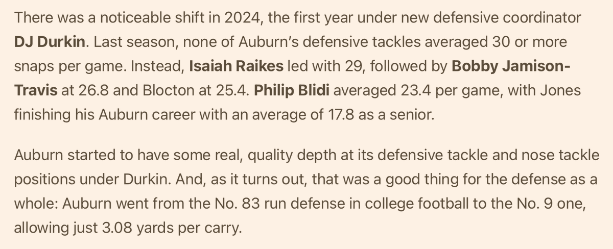 last season, Auburn rotated much more than usual at defensive tackle — and the Tigers had a top-10 rushing defense nationally

this season, the Tigers want even more depth up front in a reloading room featuring a stacked freshman class and a new cast of transfers