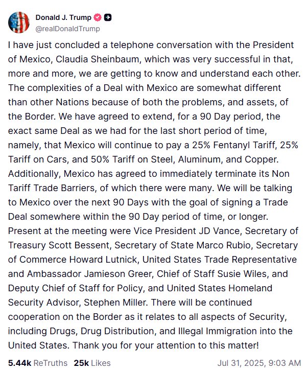 La presidenta <a href="/Claudiashein/">Claudia Sheinbaum Pardo</a> y Trump acuerdan una prórroga de 90 días, para evaluar la implementación  de aranceles. EU le sigue demandando resultados en materia de combate al fentanilo a México.