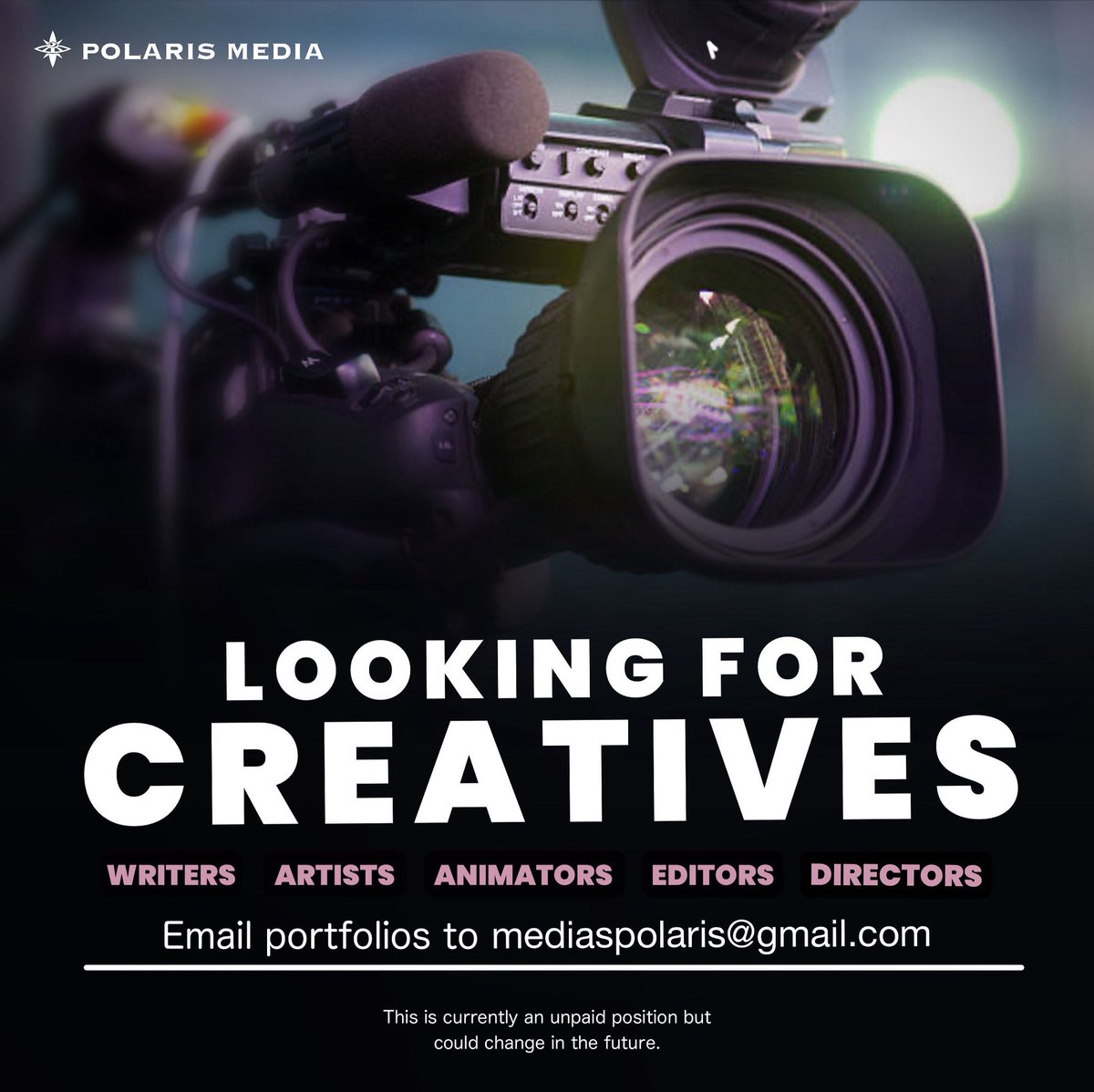 Polaris Media is looking to grow our team! We’re currently seeking writers, artists, animators, editors, and directors. 

If you want to be apart of a new wave of storytelling, send your portfolio to mediaspolaris@gmail.com

#NowHiring #indieanimation #IndieStudio #art #film