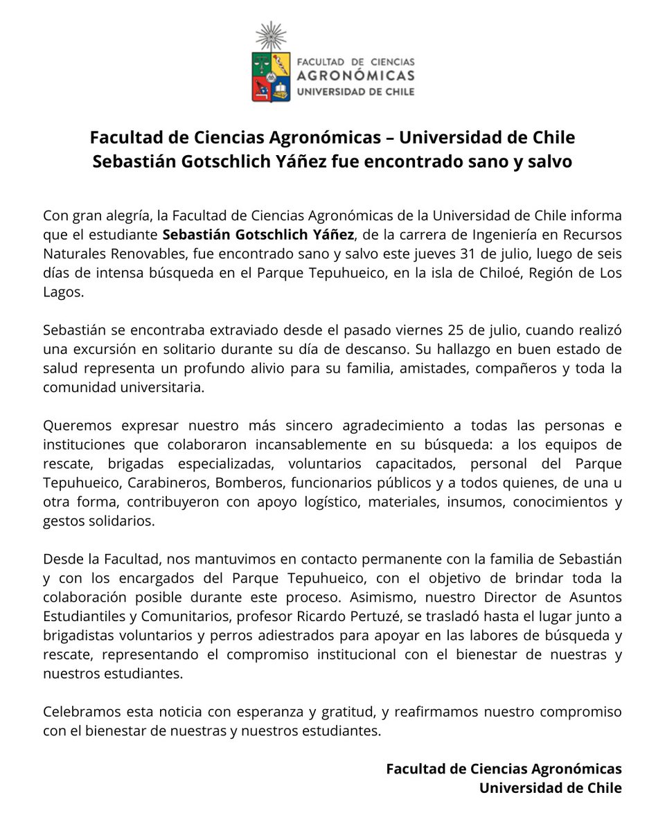 Con alegría informamos que Sebastián Gotschlich, estudiante de Ing. en Recursos Naturales Renovables, fue encontrado sano y salvo luego de 6 días de intensa búsqueda.