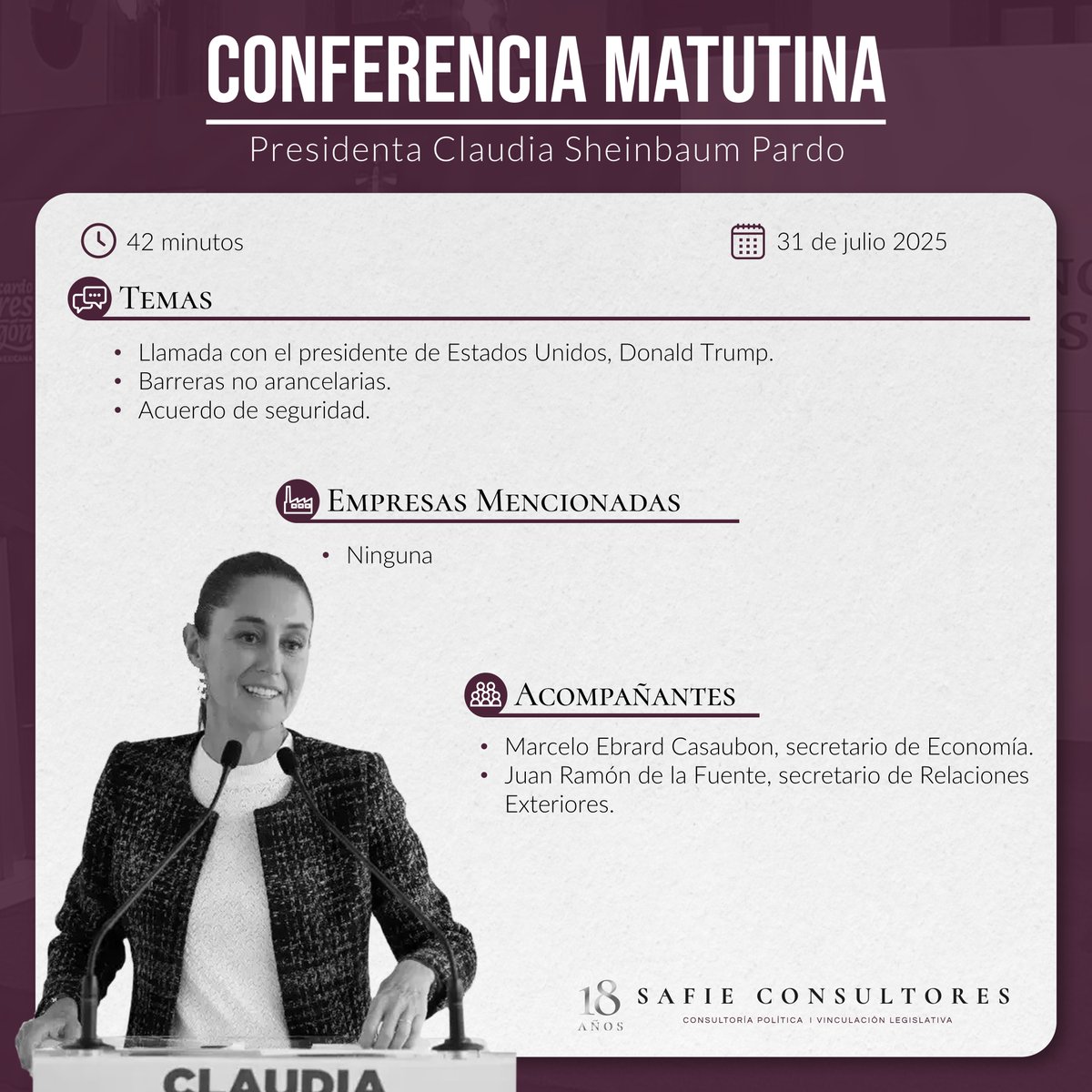 📰 #SafieConsultores te presenta los #highlights de la conferencia matutina de hoy. Conoce las empresas mencionadas y los funcionarios que acompañaron a la presidenta. #ConferenciaPresidenta #GobiernodeMexico