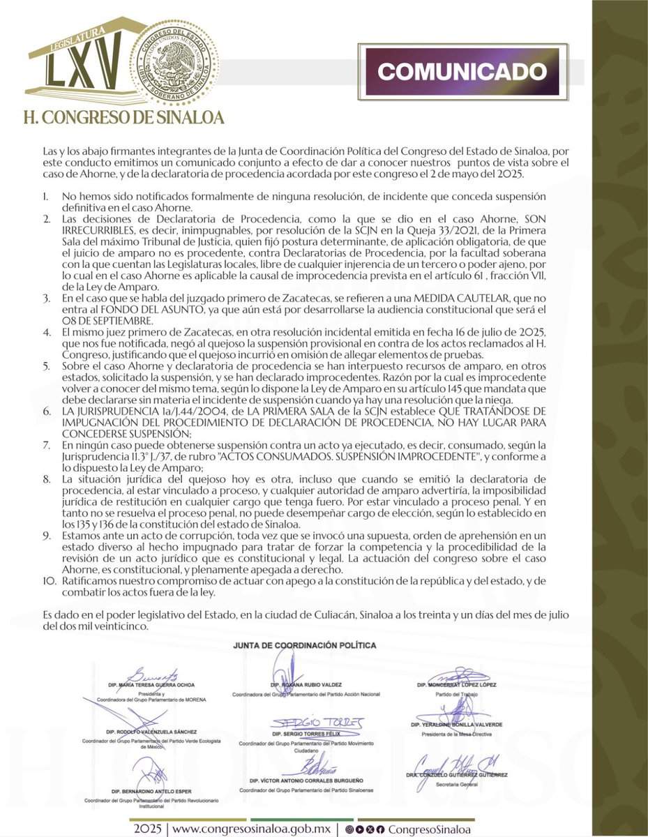 #Comunicado 📢 La 65 Legislatura del H. Congreso del Estado de Sinaloa pronuncia el siguiente comunicado.