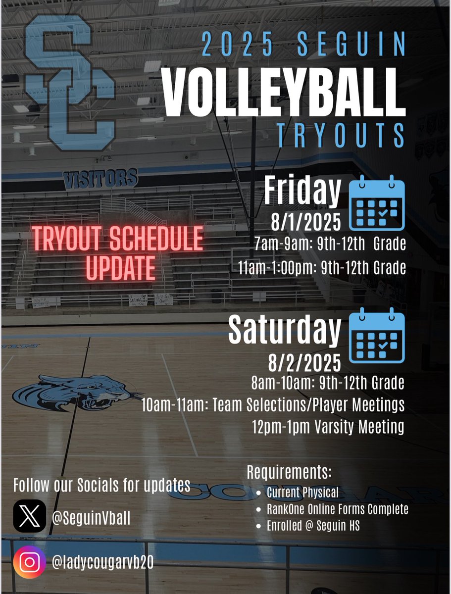 SeguinVball's tweet image. ☝🏽more sleep until VOLLEYBALL SEASON 2025!! Rest up Lady Cougs, we have some work to do! Make sure those physicals are up to date &amp;amp; those online forms are done!!! You must attend all 3 sessions!! See u in the morning! #finallyhere #vb25 @JuanSeguinHS @Seguin_cougars @AISD_ATH