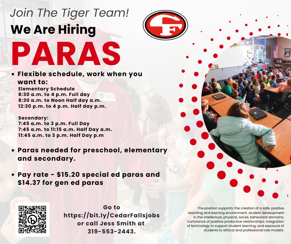 🌟 We're Hiring Paras! 🌟
✅ Flexible hours
✅ Great team environment
✅ Make an impact in your community

📍 Apply today and help us support Every Student, Every Day.
👉 bit.ly/CedarFallsjobs