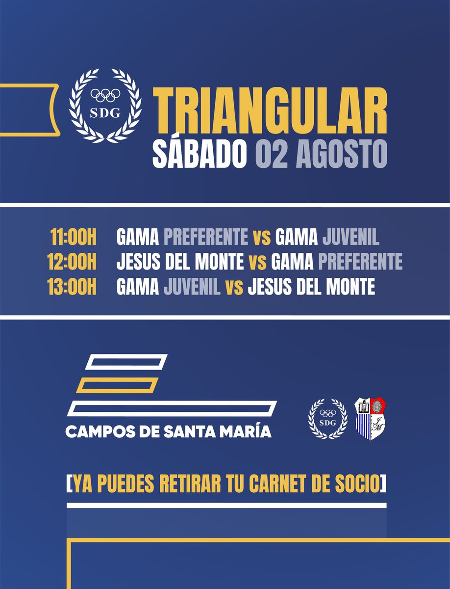 📢📢TRIANGULAR

🏟️ CAMPOS DE SANTA MARÍA 
📆 02/08/2025
🕣11:00

💙💙SD GAMA (R Preferente)
💙💙SD GAMA (Juvenil A)
💚💚 CD  Jesus Del Monte (Primera Regional)

#sdgama #vamosgama #aoygamero