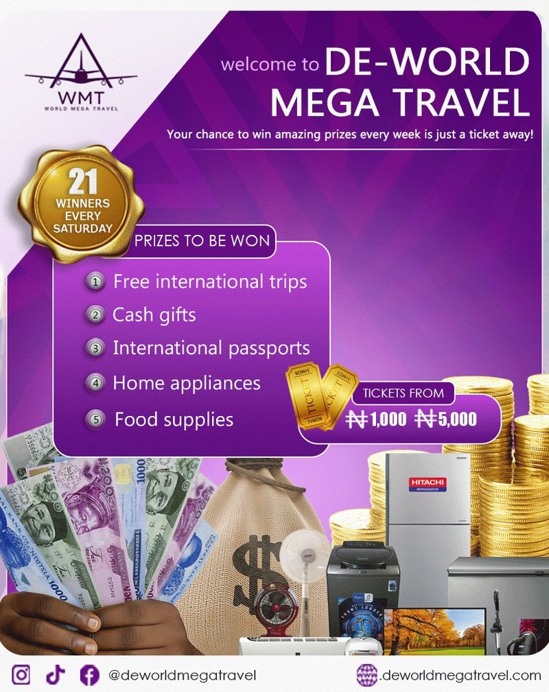 enemonadan38's tweet photo. Mega Travel is changing Lives Positively.  Register on https://t.co/dkye66Ewo7 to win big every sartuday. You can be among the 21 WINNERS EVERY SATURDAY . @worldmegatravel #deworldmegatravel. https://t.co/PMONOZAoki