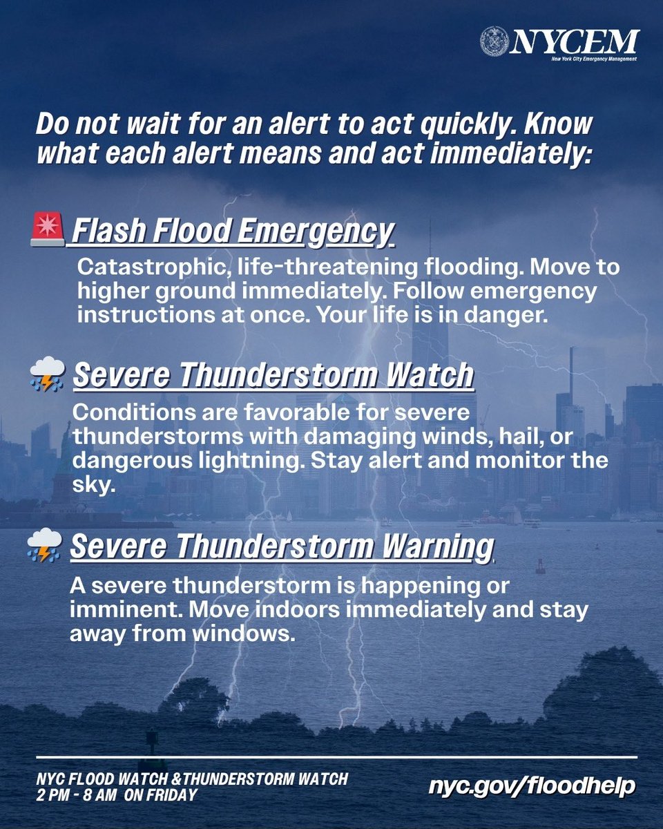 ⚠ NYC Weather Alert: Be Ready to Act Now! 

NYC is under a Flood Watch, Travel Advisory until Friday 8AM and a Severe Thunderstorm Watch until Thursday 8PM. Dangerous weather can develop fast. Don’t wait for an alert to move to safety.
 
✅ Know the alerts
🚫 Avoid flooded