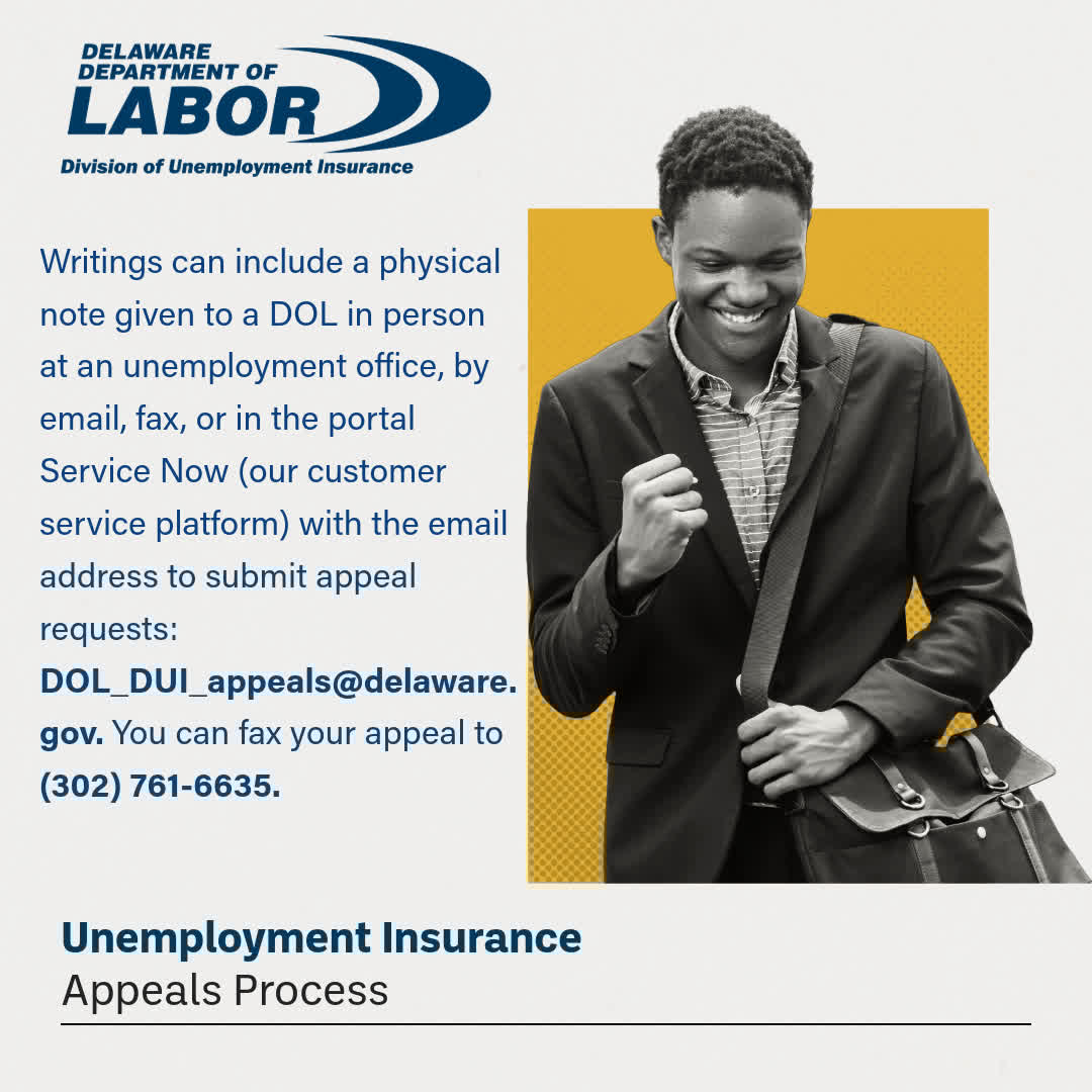 Delaware Department of Labor (@delawarelabor) on Twitter photo Need to submit an appeal? You can do it in person at your local DOL office, via email at DOL_DUI_appeals@delaware.gov, or through our Service Now portal. Prefer fax? Send it to (302) 761-6635. We're here to help! Need to submit an appeal? You can do it in person at your local DOL office, via email at DOL_DUI_appeals@delaware.gov, or through our Service Now portal. Prefer fax? Send it to (302) 761-6635. We're here to help!