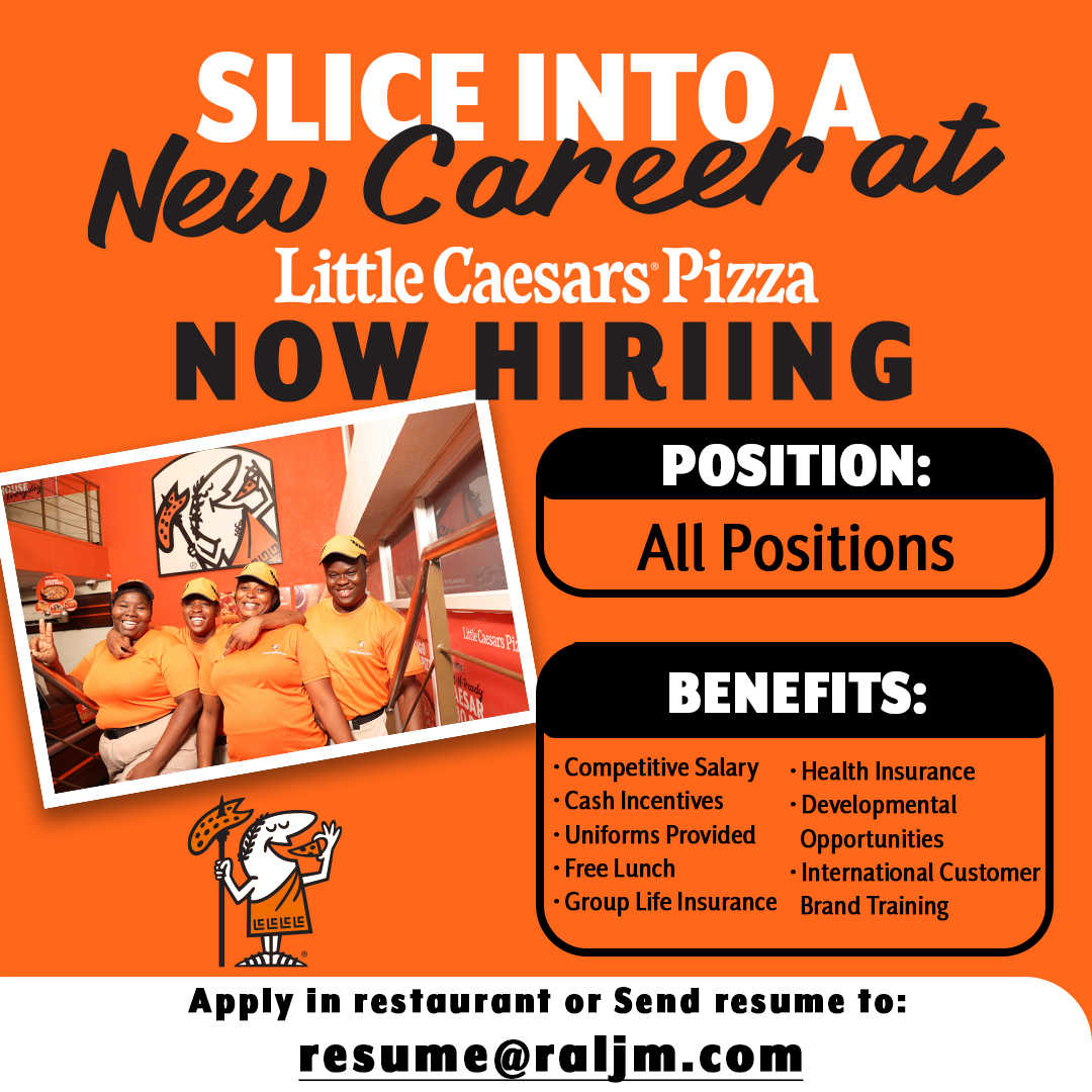 Little Caesars is hiring! 

Join us at the RAL Job Fair on August 20th at Limelight, Half-Way-Tree for your chance to become part of our pizza-powered team. 

We’re looking for:
Crew Members • Supervisors • Assistant Managers
Bring your resume, ID, and good vibes!