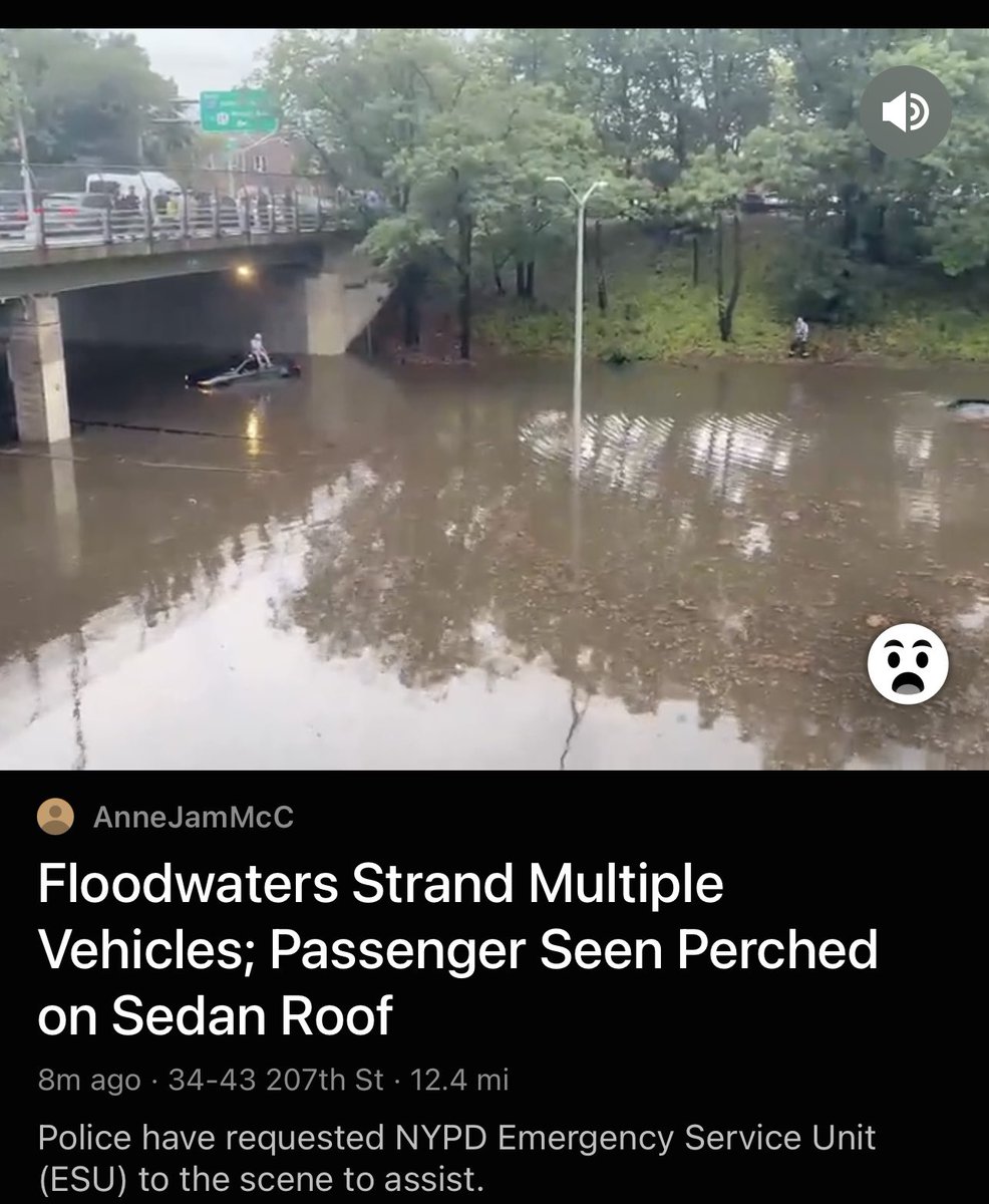 Per the Citizen app, drivers stranded in floodwaters on the Clearview Expressway —