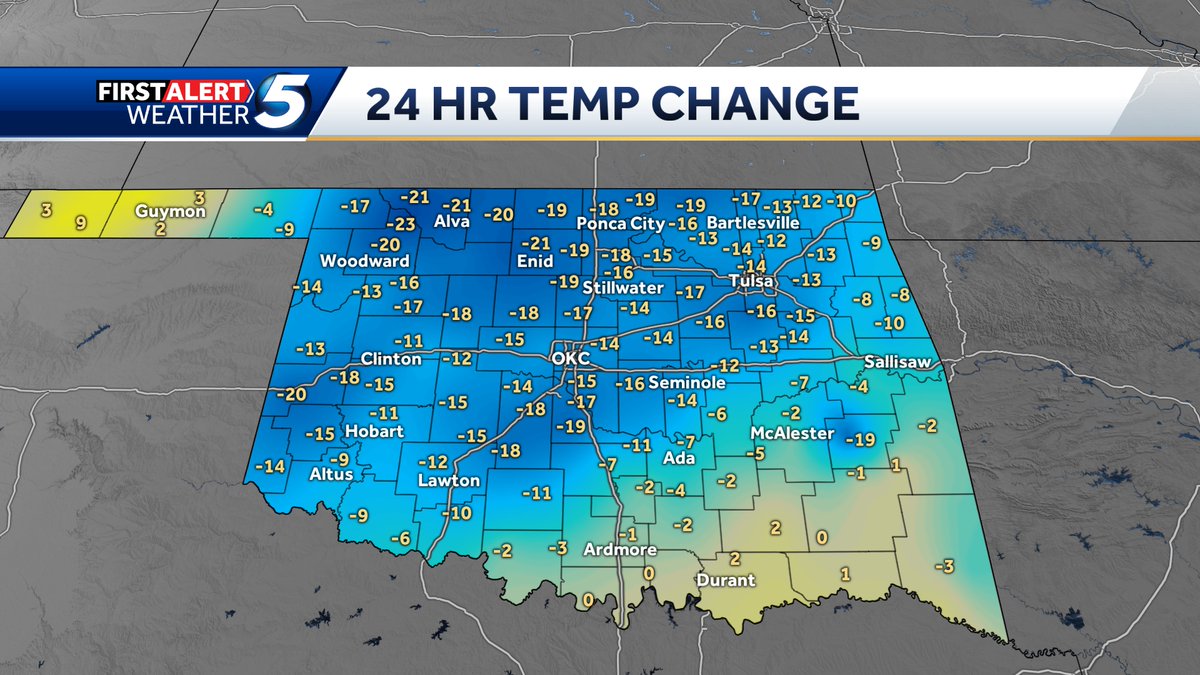 KOCOMichael's tweet image. Impressive summer cold front - big temperature drop in many areas since yesterday!
#okwx #koco5