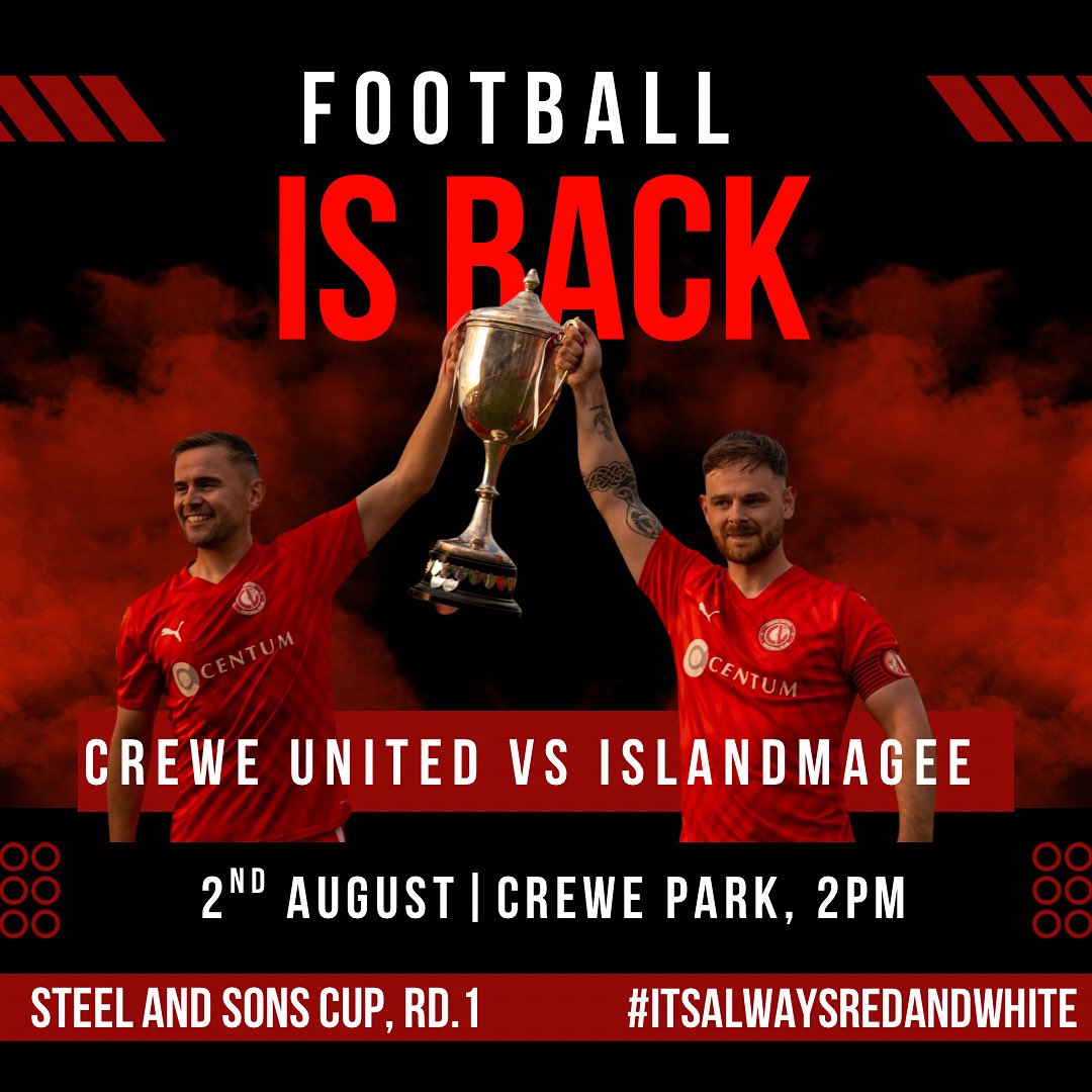 creweutdfc's tweet photo. The wait is over!! We return to Crewe Park to kick off the season in Round 1 of the Steel &amp; Sons Cup. It will be a tough task as we take on Amatuer League side Islandmagee. We wish the players and management team the best of luck for the season ahead #itsalwaysredandwhite https://t.co/MZZCGZdFPW