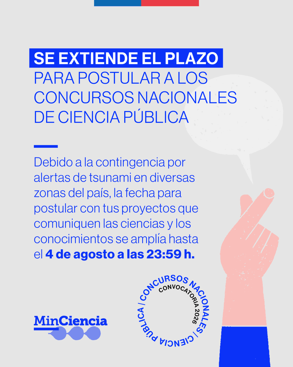 ¡Extendimos el plazo para los Concursos de Ciencia Pública! 🫰

👉 Por la alerta de tsunami en diversas zonas del país, la fecha de postulación se amplía hasta el lunes 4 de agosto a las 23:59 horas.

🔎 Postula en fondos.gob.cl