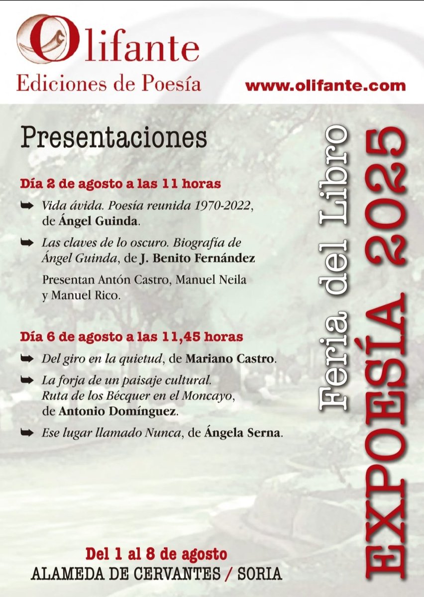 Otro año más estaremos en Soria, en esa ineludible e imprescindible cita con la creación poética:
EXPOESIA 25.
Aquí nuestro calendario de actividades
👇👇👇👇