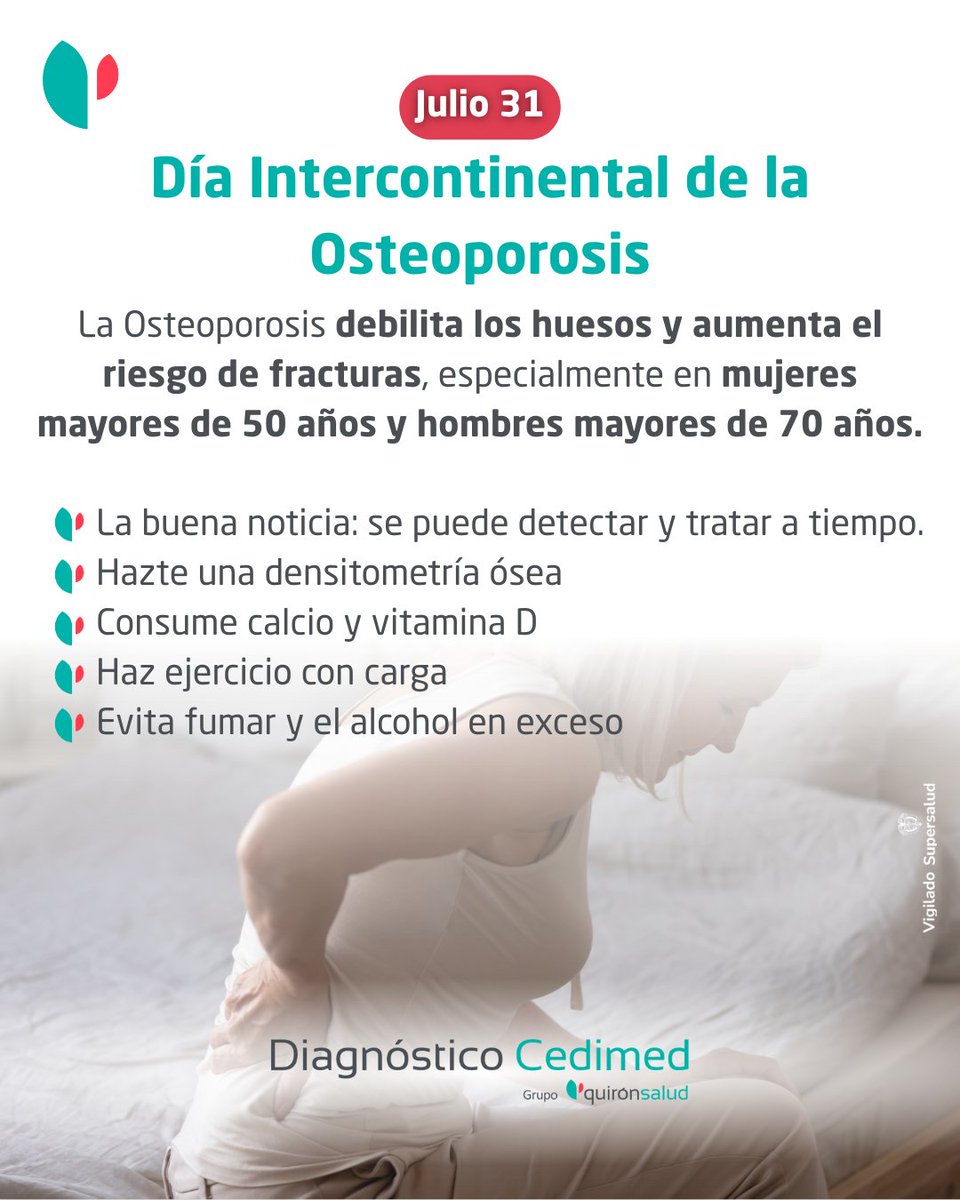 Consulta con tu médico. Prevenir es vivir más fuerte.

#DíaDeLaOsteoporosis #SaludÓsea #CuidarLosHuesos #Densitometría #Quironsalud