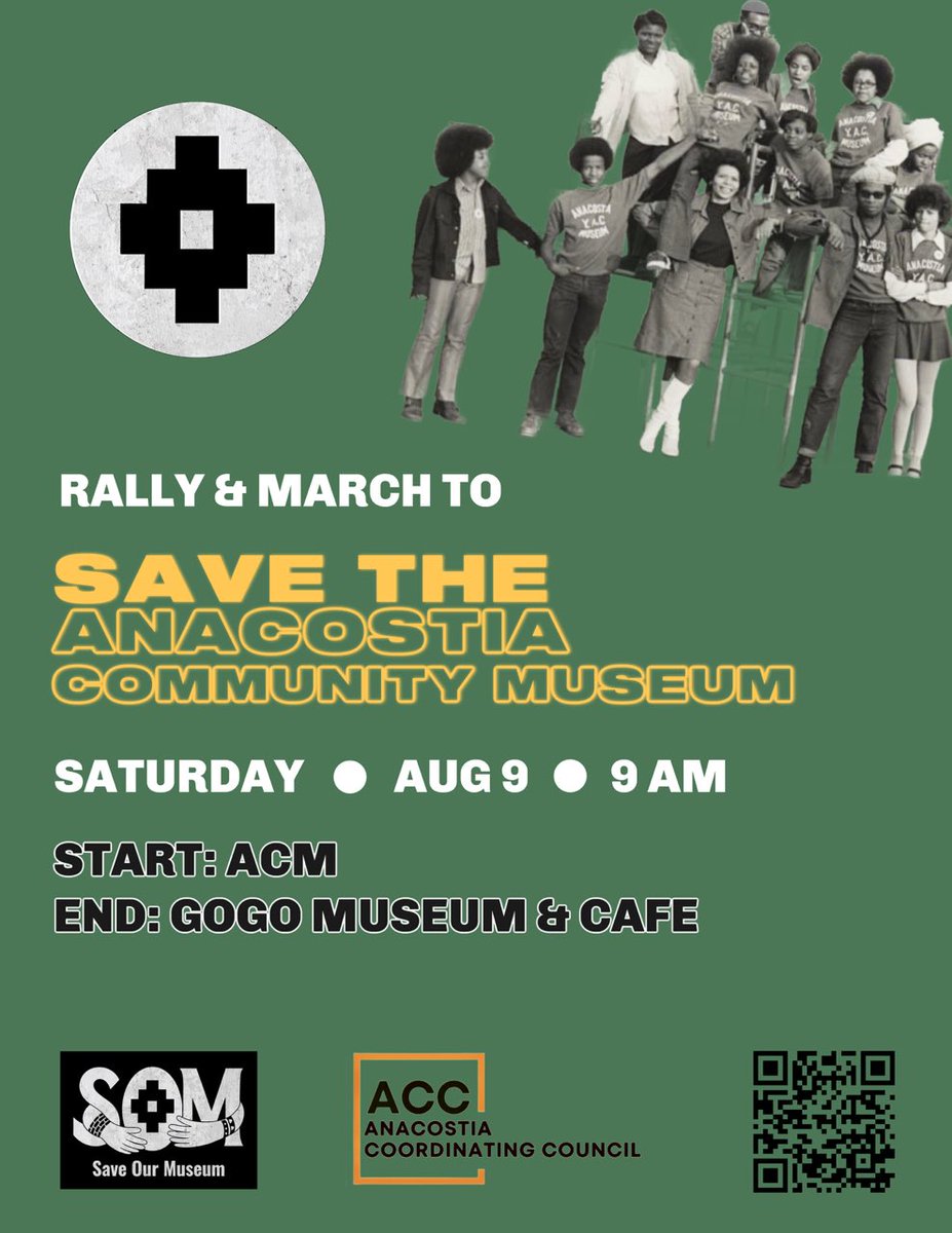 AnacostiaBID's tweet photo. 📣 SAVE THE DATE: Come out Saturday, August 9 at 9 AM for a powerful Rally & March to Save the Anacostia Community Museum.
📍 Start: Anacostia Community Museum
🚶🏾♀️ March ends at: Go-Go Museum & Café
#SaveACM #AnacostiaStrong #ProtectBlackHistory #GoGoMuseum #CommunityPower #DC https://t.co/eUfV0fXgvP