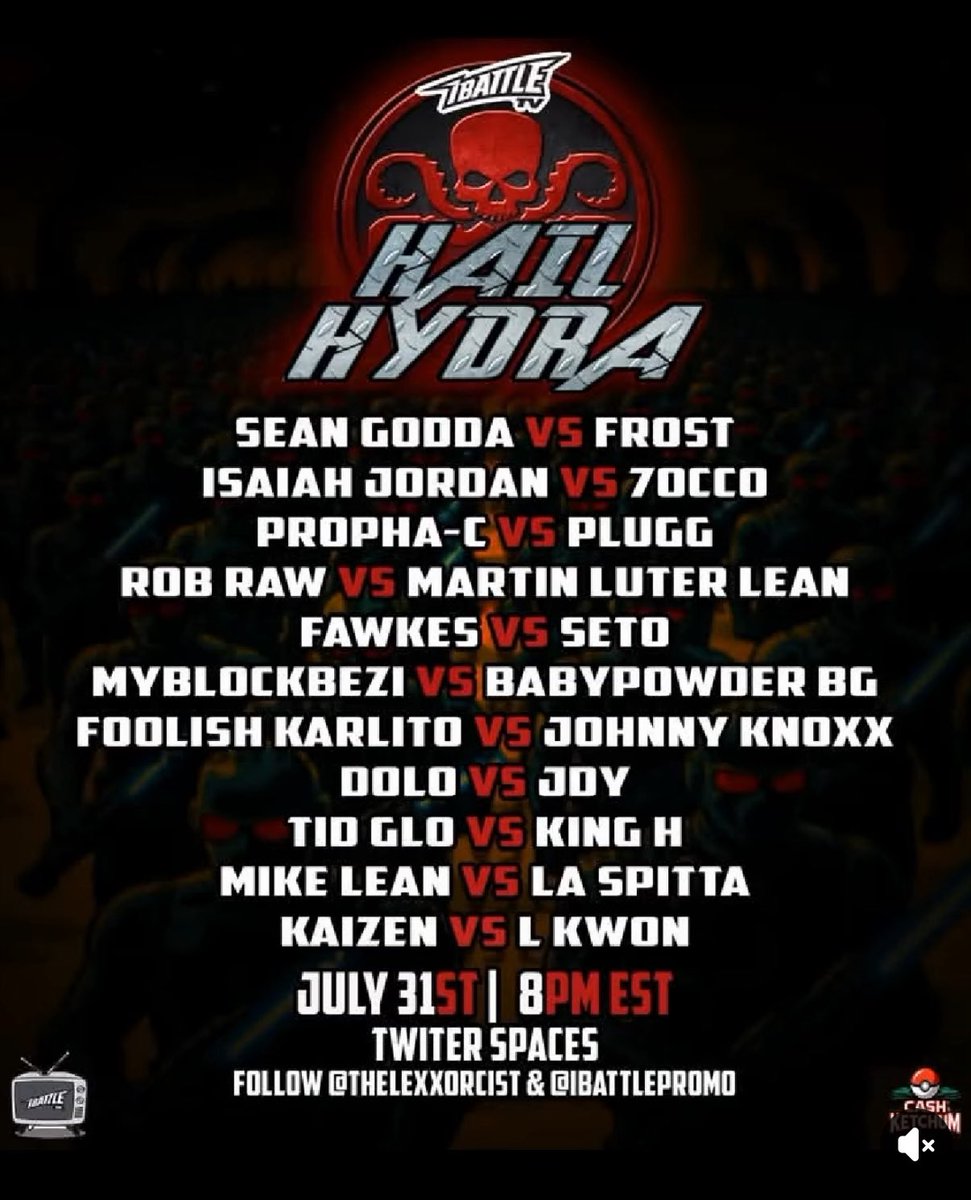 Plugg vs Propha-C
iBattleTV – HAIL HYDRA CARD
🗓️ July 31st | 🕗 8PM EST
📍 Live on Twitter Spaces
Hosted by <a href="/TheLexxorcist/">lexx 🥶</a> &amp; <a href="/iBattlePromo/">NYC - TURBULENCE (12/13)</a>

He tried to preach.
But the circuit ain’t hold.
System Override.

⚡Follow the current: @Plugg205
#copperplated #brtp #iBattleTV