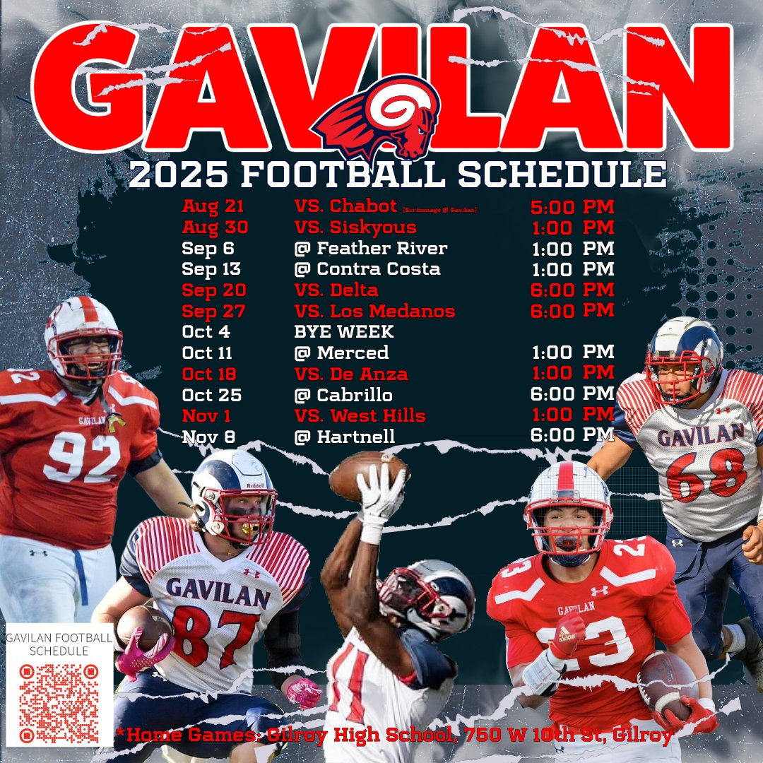 Gavilan Ram Football (@gavilanramsfb) on Twitter photo IT'S TIME, RAM FAM!
🏈SCRIMMAGE: AUG 21/5PM VS CHABOT @Gavilan
📅 SEASON: AUG 30-NOV 8
🏟HOME GAMES <a href="/GilroyHigh/">Gilroy High School</a>
📲 QR FOR DETAILS
BRING THE NOISE. BUILD #THEFOUNDATION
<a href="/GavilanSports/">Gavilan Athletics</a> <a href="/GavilanCollege/">Gavilan College</a> <a href="/gavilan/">JOHN 8:32</a>football IT'S TIME, RAM FAM!
🏈SCRIMMAGE: AUG 21/5PM VS CHABOT @Gavilan
📅 SEASON: AUG 30-NOV 8
🏟HOME GAMES <a href="/GilroyHigh/">Gilroy High School</a>
📲 QR FOR DETAILS
BRING THE NOISE. BUILD #THEFOUNDATION
<a href="/GavilanSports/">Gavilan Athletics</a> <a href="/GavilanCollege/">Gavilan College</a> <a href="/gavilan/">JOHN 8:32</a>football
