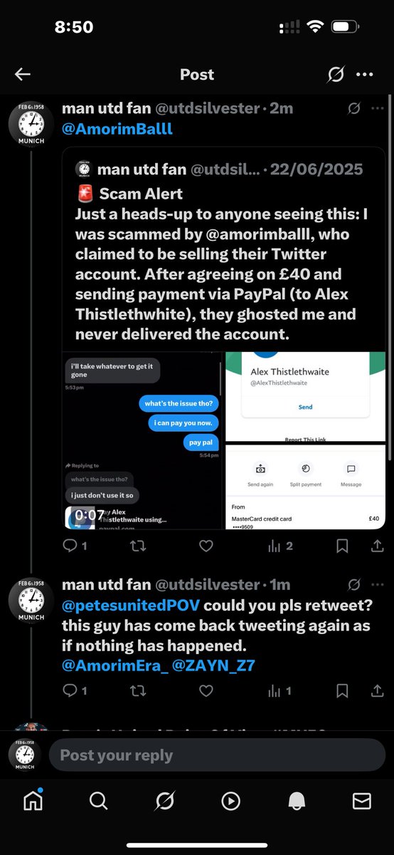 utd trey hater (@utdtreyhater) on Twitter photo <a href="/petesunitedPOV/">Pete’s United Point Of View #MUFC</a> <a href="/AmorimEra_/">(fan) Frank 🧠🇵🇹</a> <a href="/ZAYN_Z7/">Z</a> So this guy <a href="/AmorimBalll/">AmorimBall✍️🇵🇹</a> had been posting tweeting about selling the account. He has basically scamed me and many other’s. Looks like he has told others to report my video. <a href="/petesunitedPOV/">Pete’s United Point Of View #MUFC</a> <a href="/AmorimEra_/">(fan) Frank 🧠🇵🇹</a> <a href="/ZAYN_Z7/">Z</a> So this guy <a href="/AmorimBalll/">AmorimBall✍️🇵🇹</a> had been posting tweeting about selling the account. He has basically scamed me and many other’s. Looks like he has told others to report my video.