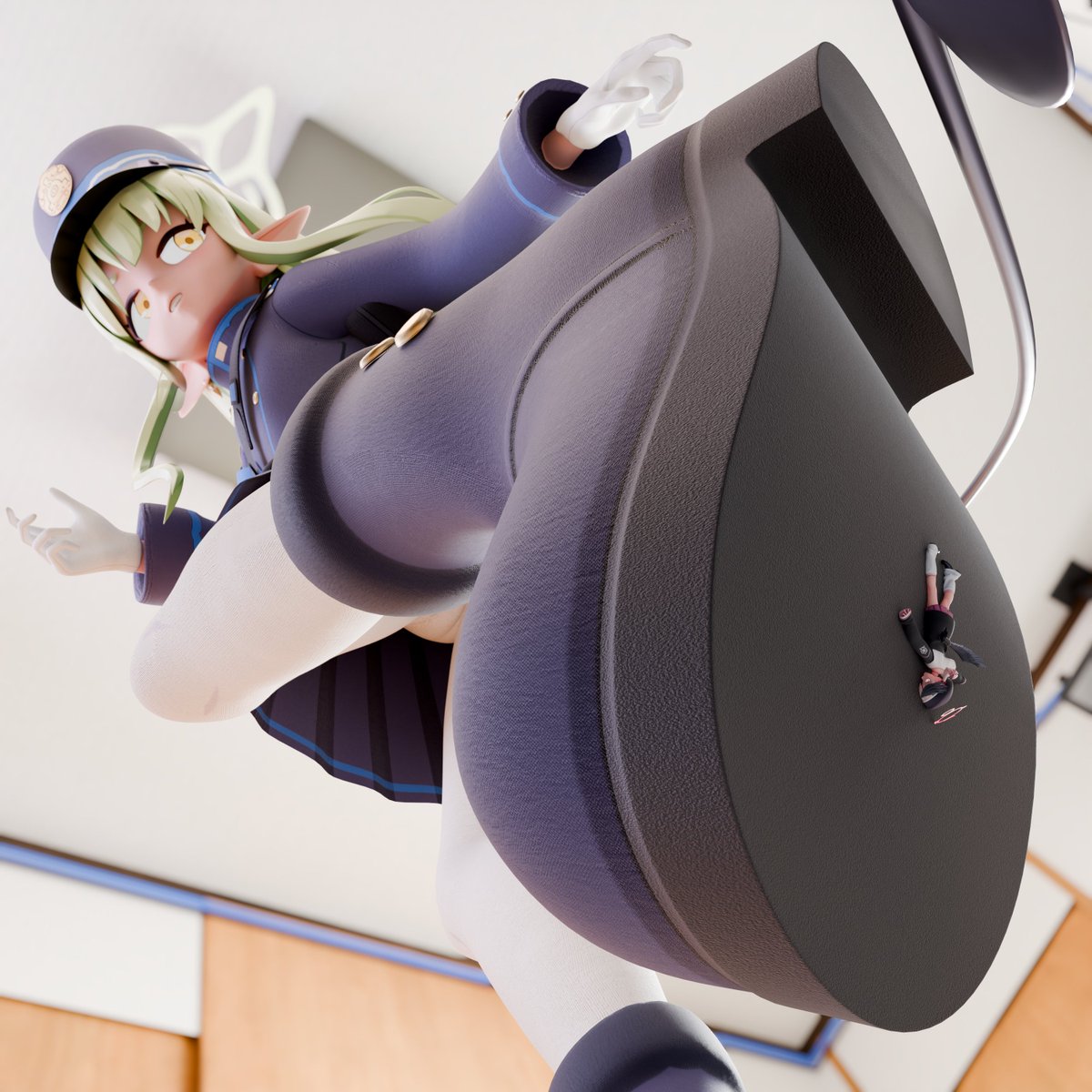 "Koharu? Are you here? Sensei wants to speak with you! ....hmmm, she doesn't seem to be here. Maybe I should check the other rooms..." Hikari said without realizing that a small Koharu is already pretty close, who is also unsure how to process all the stomps from that cute boot!