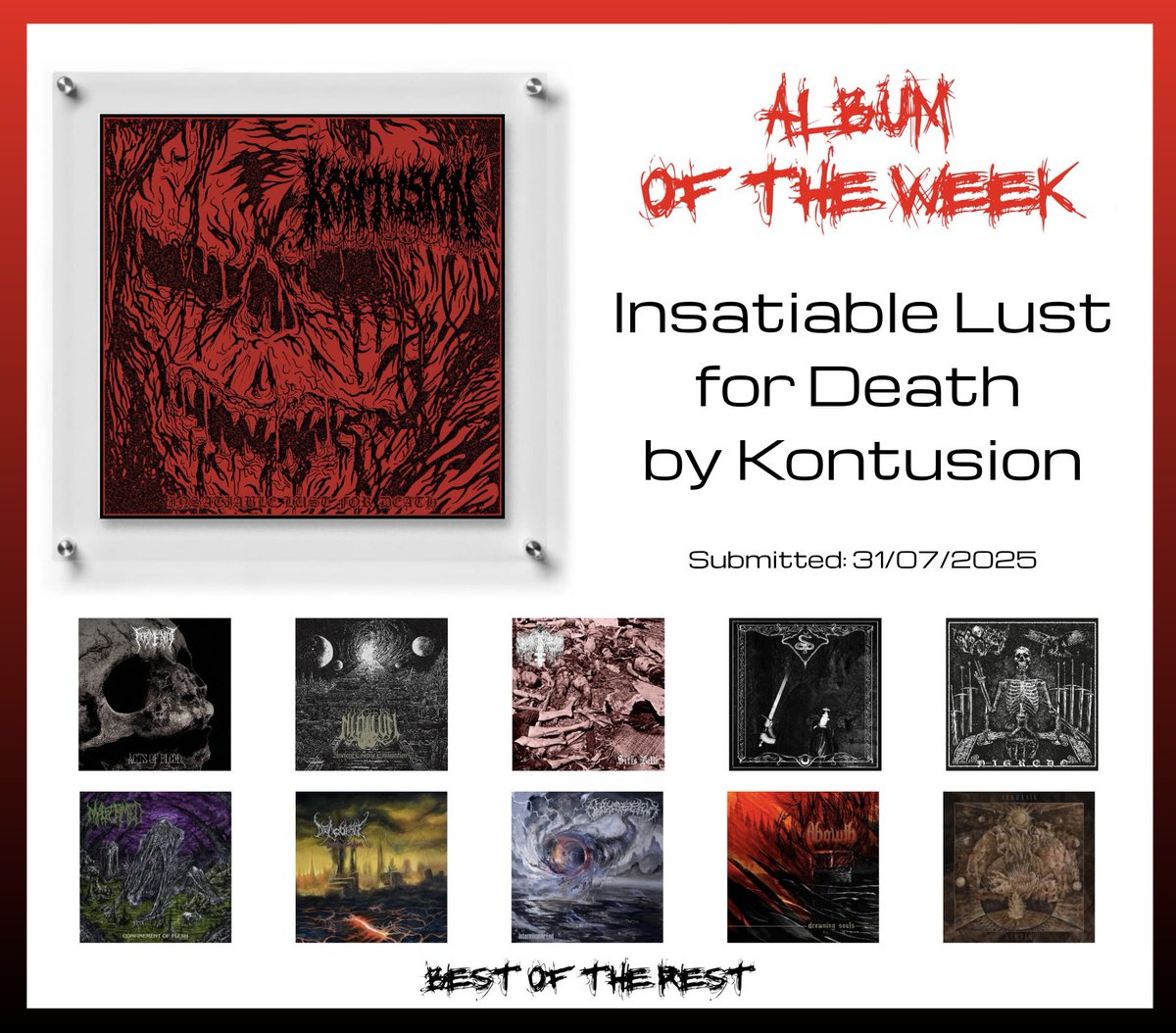 ⛓️ ALBUM OF THE WEEK ⛓️

Insatiable Lust for Death by Kontusion

Death Metal | New Jersey/Washington, USA |
11 tracks | 26 minutes | Profound Lore Records | 

kontusionkontusion.bandcamp.com/album/insatiab… #AOTW