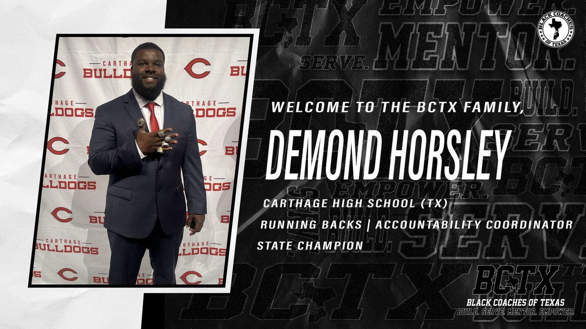 Black Coaches of Texas (@blackcoachestx) on Twitter photo Welcome to the #BCTX🫱🏾🫲🏿 family <a href="/coach_horsley/">Demond Horsley M.Ed.</a>!
Build. Serve. Mentor. Empower.
Join the #BCTX🫱🏾🫲🏿 today! Welcome to the #BCTX🫱🏾🫲🏿 family <a href="/coach_horsley/">Demond Horsley M.Ed.</a>!
Build. Serve. Mentor. Empower.
Join the #BCTX🫱🏾🫲🏿 today!