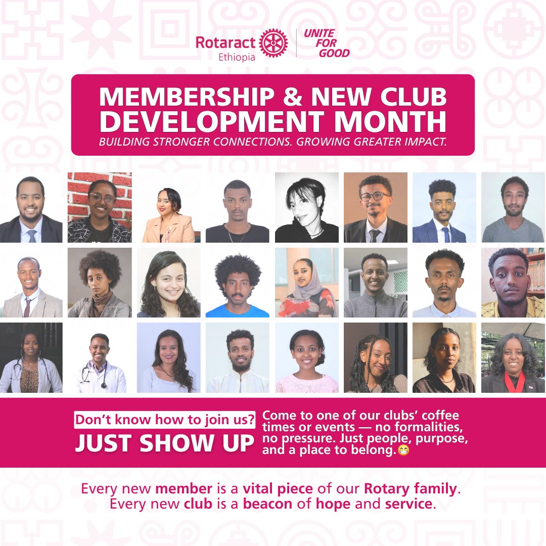 🌟August is Membership &amp; New Club Development Month!🌟
Rotaract is all about people — and there’s always room for more.
Curious? Just show up. No pressure. Just purpose, people &amp; belonging.

Let’s grow, lead &amp; serve — together.
#RotaractEthiopia #MakeItHappenD9212 #UniteForGood