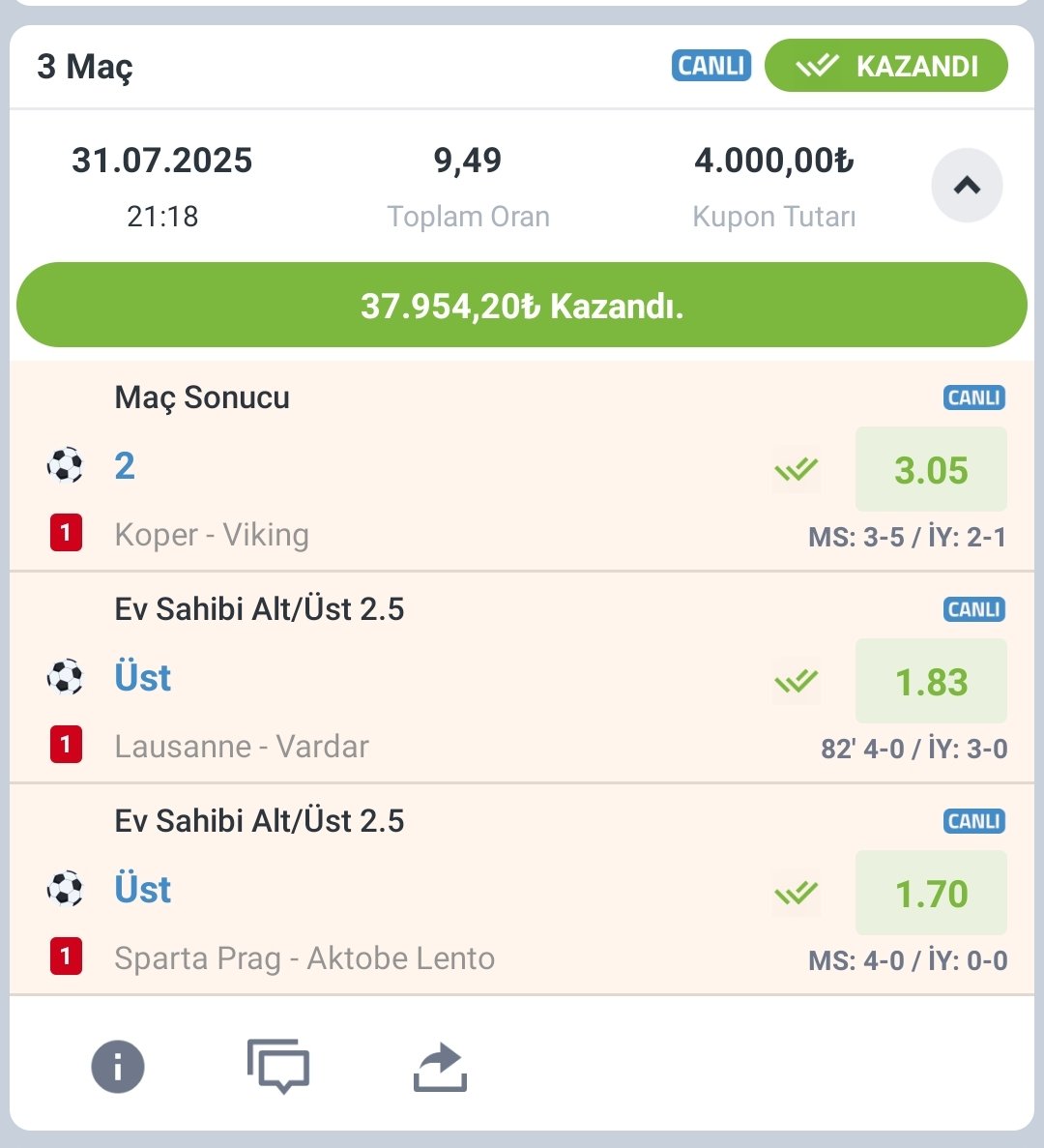 Bir Norveç ekibi, bir Sloven ekibine gel beraber 1/2 yapalım demiş. En son space mi hatırlayanlar, Viking'in rövanş maçında koper ile 1/2 yapacağını söylemiştim. Özel grubuma bu sene bu tarz bol bol kuponlar vereceğim. Rt ve beğeni yapana 7.954 TL'sini 5 kişiye dağıtalım