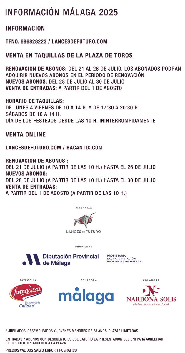 🔴Málaga 🔴
A partir del 1 de agosto a las 10am, empieza la venta de entradas sueltas para la Feria taurina 2025 en la taquilla y online en lancesdefuturo.com .

Ven y Vívelo!! 
Ven y Siéntelo!!

#malaga #toros
