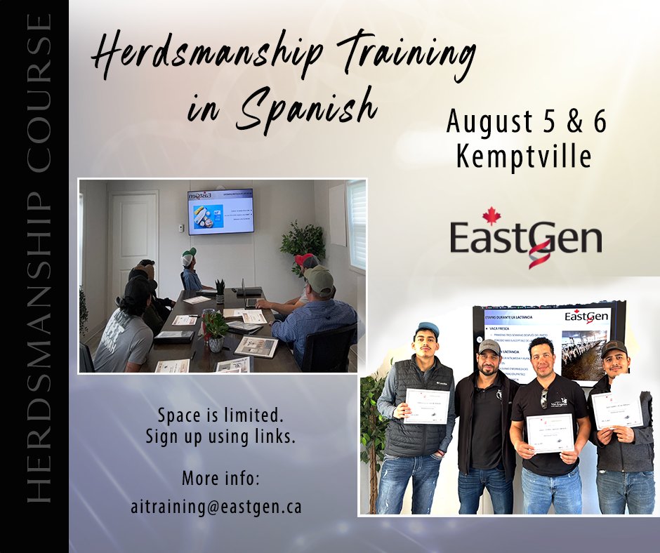Want top-tier herdsmanship training in Spanish in Eastern Ontario? 🐄

Join EastGen’s Luis Velázquez in Kemptville Aug. 5 &amp; 6!

🎟️ Limited spots — register now:
Aug 5: eventbrite.ca/e/1509077273749
Aug 6: eventbrite.ca/e/1514157228029