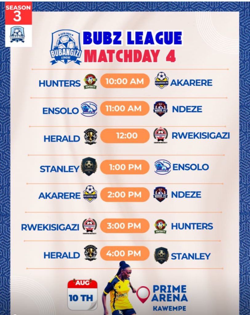 Herald Fc (@theheraldfc) on Twitter photo The battle for victory begins! 💥 We're facing <a href="/Rwekisigazifc/">RWEKISIGAZI FC</a> and <a href="/fcstanley2/">STANLEY FC</a> on Matchday 4 happening on August, 10th. Let's give it our all! 💪 #BubzLeagueSnIII The battle for victory begins! 💥 We're facing <a href="/Rwekisigazifc/">RWEKISIGAZI FC</a> and <a href="/fcstanley2/">STANLEY FC</a> on Matchday 4 happening on August, 10th. Let's give it our all! 💪 #BubzLeagueSnIII