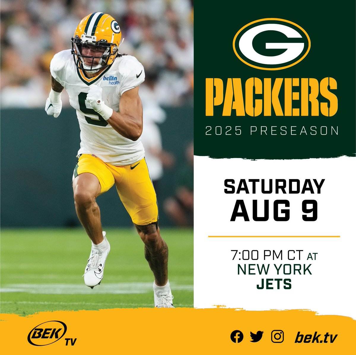 🏈 The countdown is on!
The New York Jets take on the Green Bay Packers in a hard-hitting preseason showdown.

📅 Saturday, August 9
⏰ 7:00 PM CT
📺 LIVE on BEK TV
🔗 bektv.plus/videos/2025_08…

#BEKTV #NFLonBEK #Jets #Packers #FootballIsBack