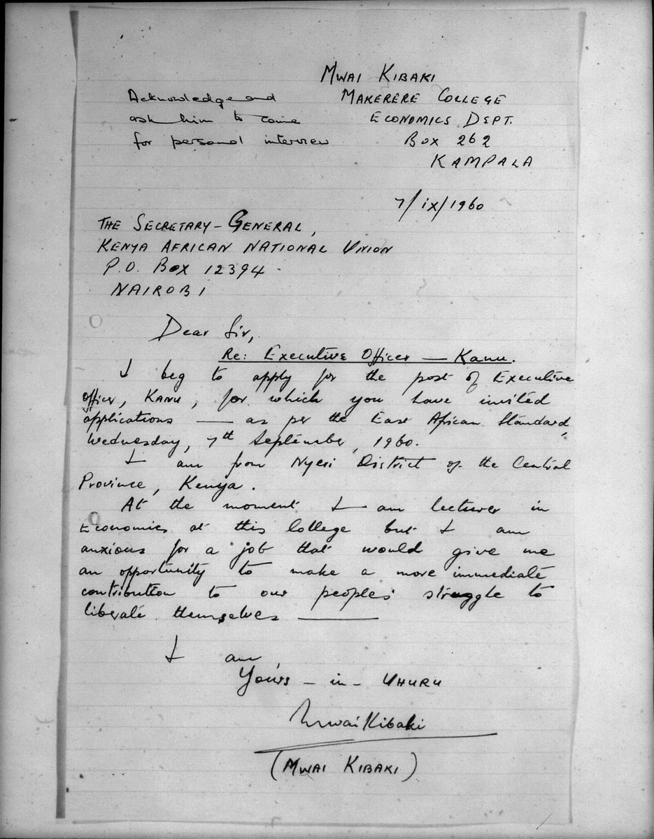 normanaselmeyer's tweet photo. Archive Highlight: Mwai Kibaki’s 1960 application letter for the position of KANU Executive Officer, addressed to Tom #Mboya. Kibaki got the job, marking his shift from academia to politics. In 2002, #Kibaki became Kenya’s third president. https://t.co/lARD2csL8m