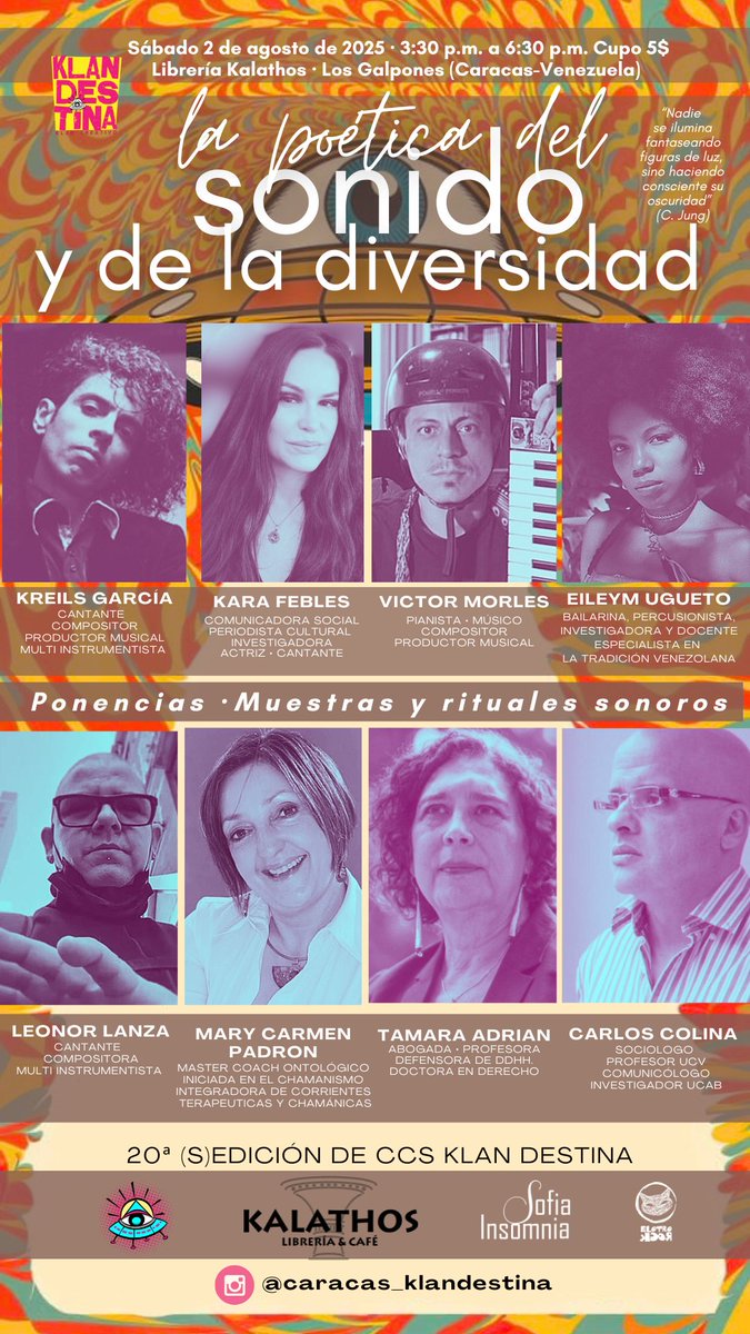 EL SONIDO COMO MISTERIO, DESEMEJANZA, DISENTIMIENTO Y MANIFESTACIÓN SOBRENATURAL.🦇

Sáb. 2 de agosto en <a href="/KalathosLibros/">Librería & Café Kálathos</a> la CARACAS KLAN🛸DESTINA indagará en LA POÉTICA DEL SONIDO Y DE LA DIVERSIDAD, junto a invitados especiales.

⏰️ 3:30 pm.

Reservaciones al 0424 1437340.