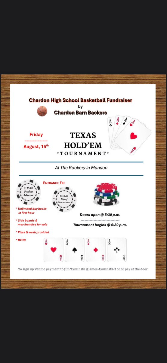 Chardon Basketball Poker Night Fundraiser!

🃏 August 15th @ The Rookery in Munson
Join us for a great night of Texas Hold’em 

All proceeds go directly to supporting our high school basketball program.