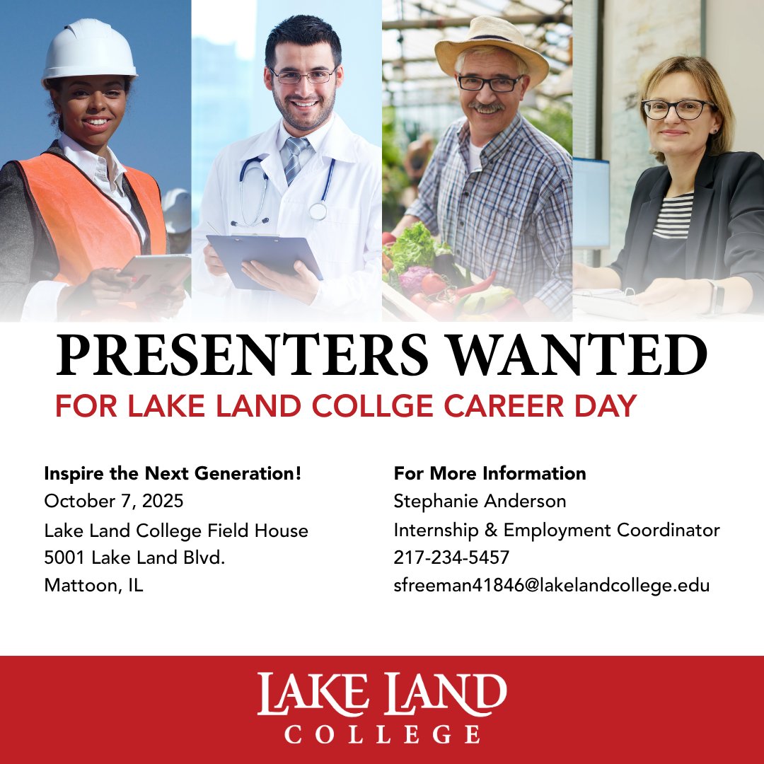 Lake Land College (@lakelandbuzz) on Twitter photo Presenters wanted for Lake Land College Career Day!
On October 7, Lake Land College will host more than 1,000 high school students for Career Day. We're looking for presenters to join us and inspire the next generation!
Register at sfreeman41846@lakelandcollege.edu. Presenters wanted for Lake Land College Career Day!
On October 7, Lake Land College will host more than 1,000 high school students for Career Day. We're looking for presenters to join us and inspire the next generation!
Register at sfreeman41846@lakelandcollege.edu.